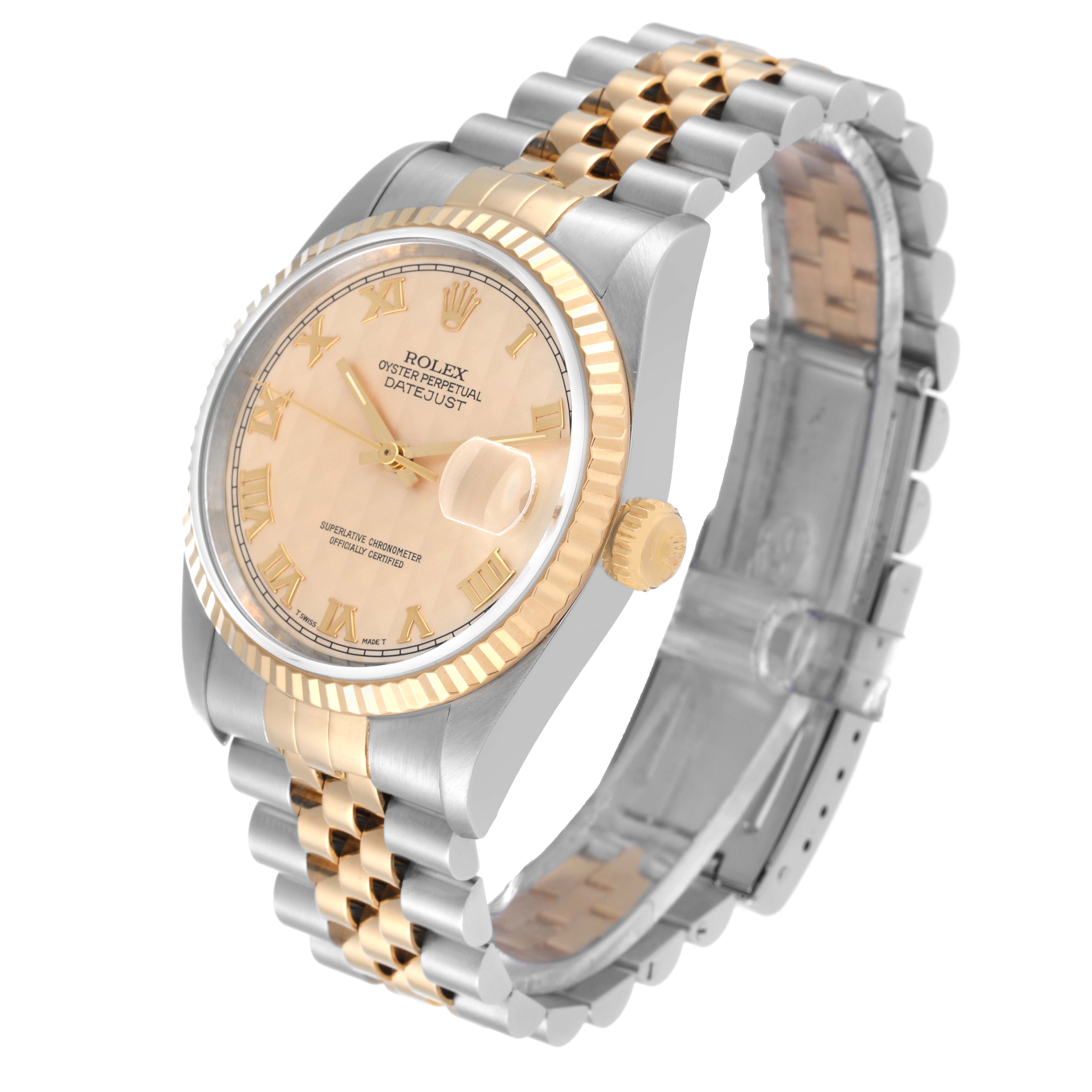 The Rolex Datejust 16233 Men
s Steel and Gold (two tone) Champagne Dial 16233 Men
s Steel and Gold (two tone) Champagne Dial watch is shown at an angle displaying its face, bezel, crown, and two-tone bracelet.