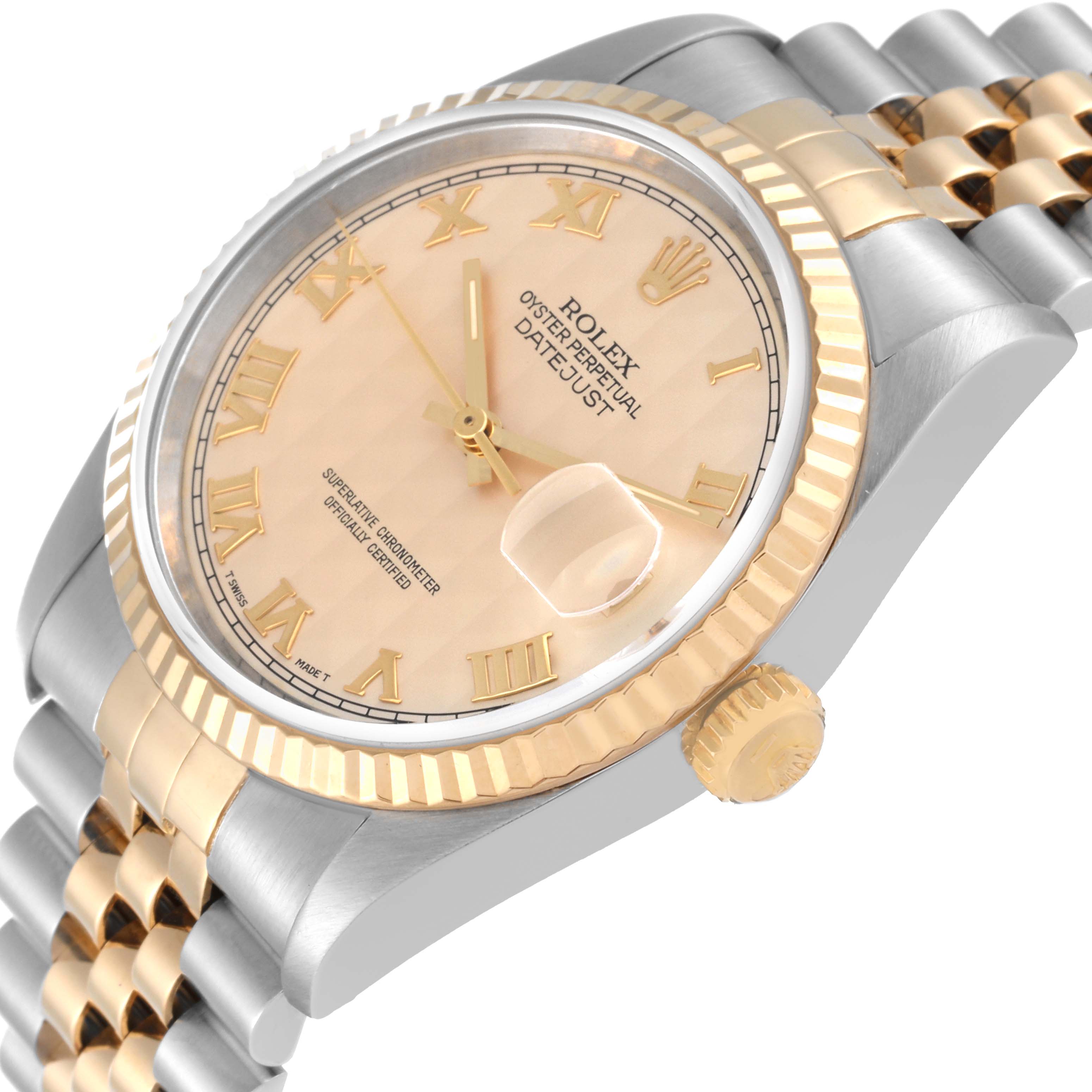 This image shows the angled side view of the Rolex Datejust 16233 Men
s Steel and Gold (two tone) Champagne Dial 16233 Men
s Steel and Gold (two tone) Champagne Dial watch, highlighting the bezel, dial, and bracelet.