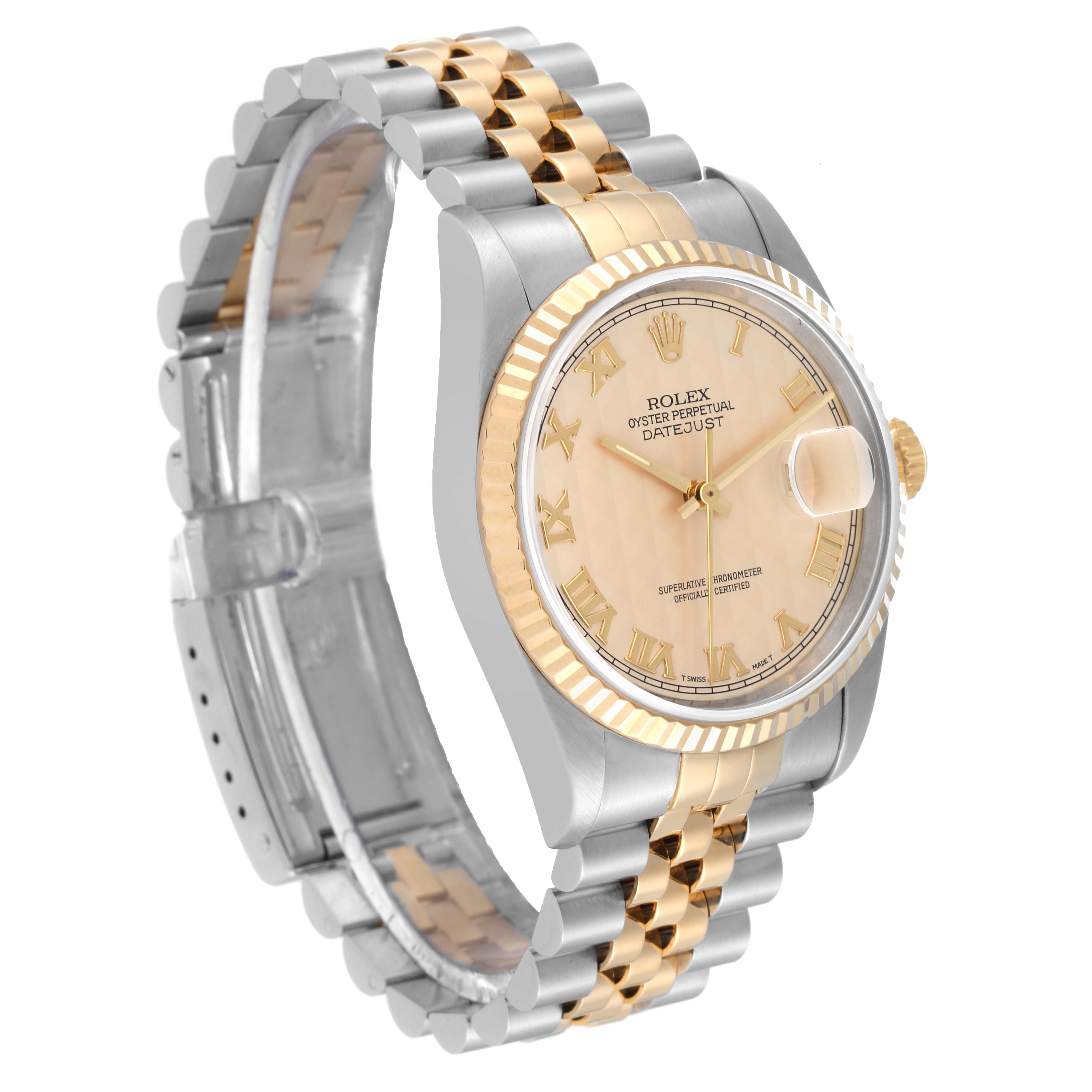 This image shows a Rolex Datejust 16233 Men
s Steel and Gold (two tone) Champagne Dial 16233 Men
s Steel and Gold (two tone) Champagne Dial watch at a three-quarter angle, highlighting its face, bezel, and Jubilee bracelet.