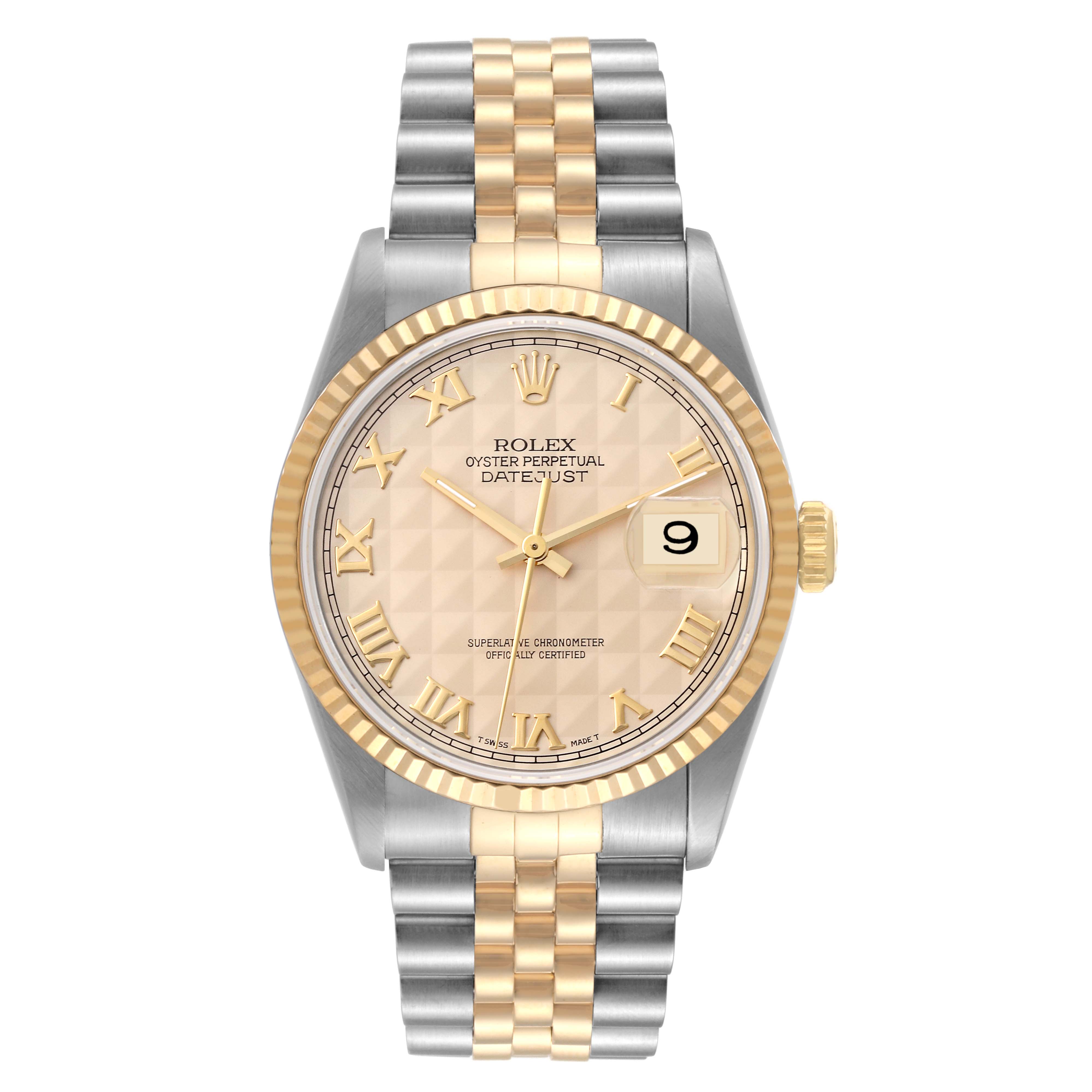 This Rolex Datejust 16233 Men
s Steel and Gold (two tone) Champagne Dial 16233 Men
s Steel and Gold (two tone) Champagne Dial model is shown from a front angle, displaying the dial, bezel, and two-tone bracelet.