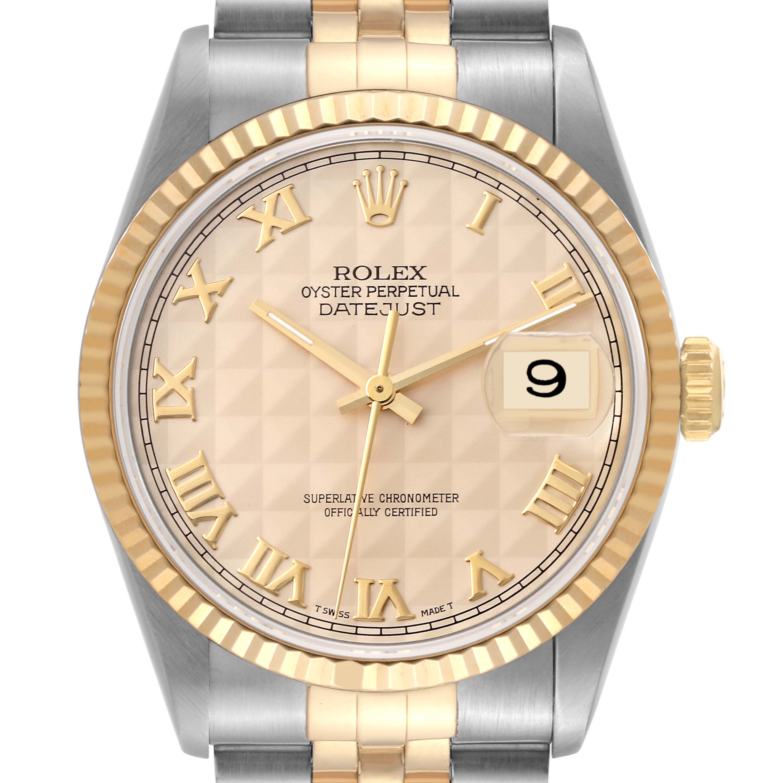 This image shows a frontal view of a Rolex Datejust 16233 Men
s Steel and Gold (two tone) Champagne Dial 16233 Men
s Steel and Gold (two tone) Champagne Dial watch, highlighting the dial, hands, bezel, and part of the bracelet.