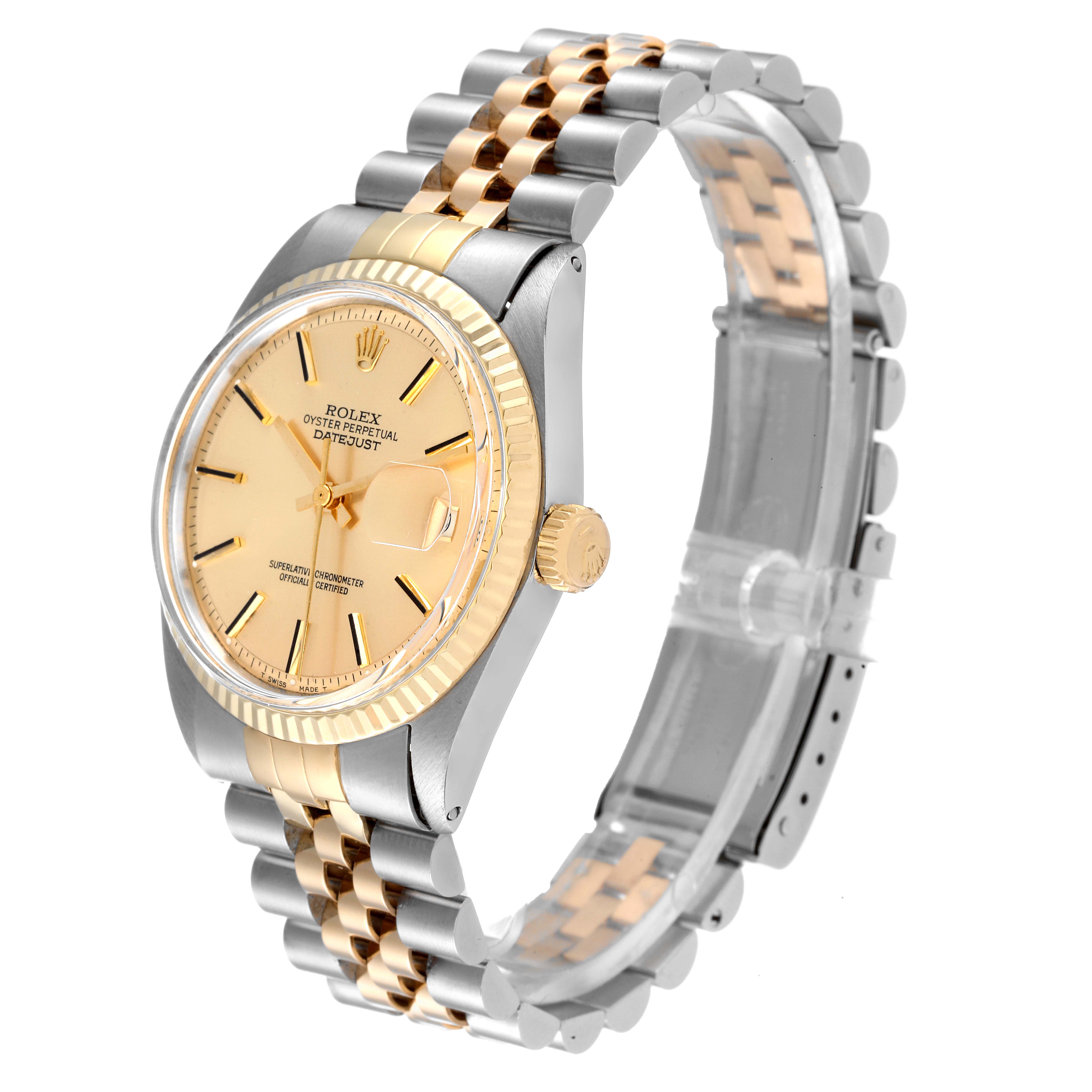 This Rolex Vintage Collection 1601 Men
s Steel and Gold (two tone) Champagne Dial 1601 Men
s Steel and Gold (two tone) Champagne Dial model watch is shown from a side angle, displaying the face, bezel, crown, and two-tone bracelet.