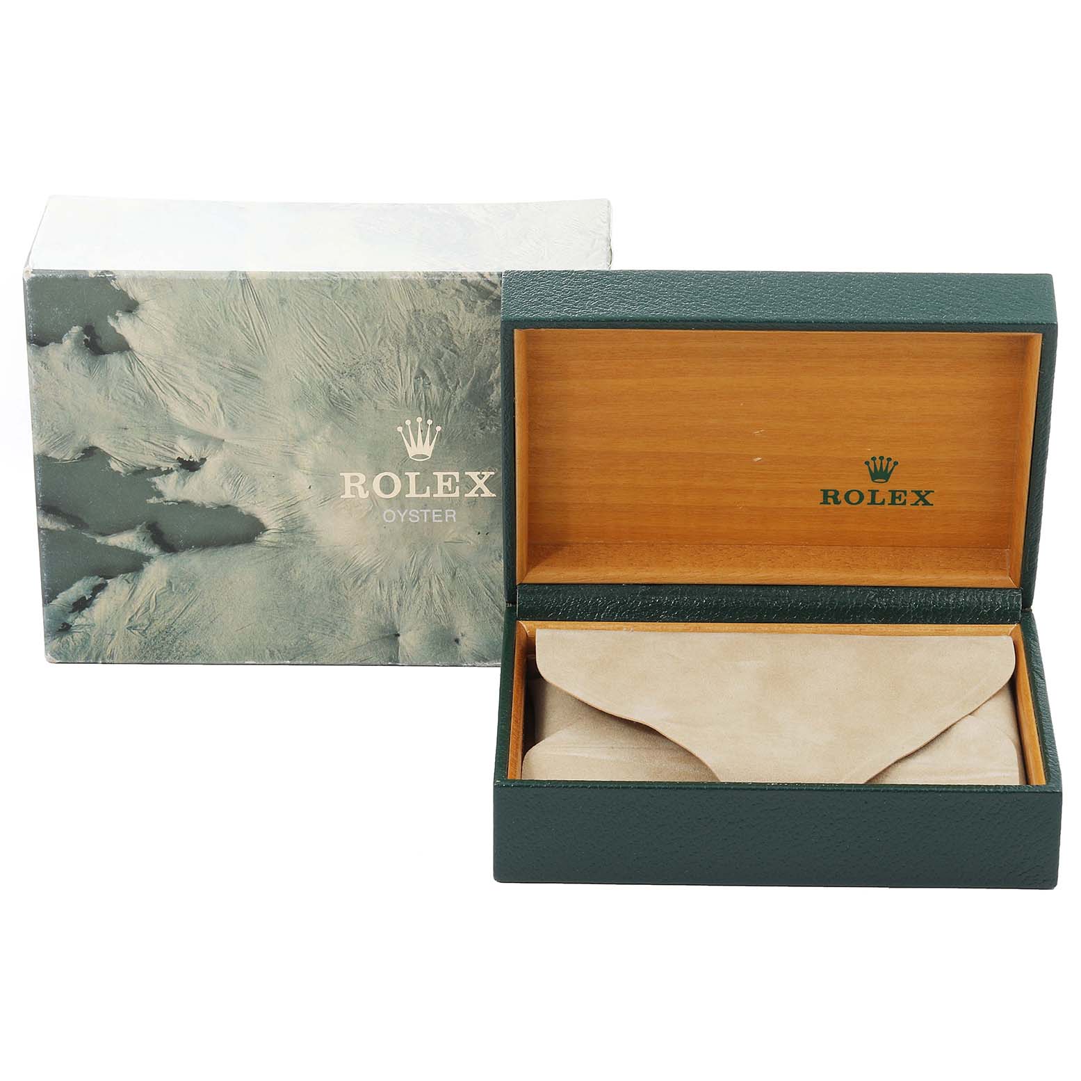 The image shows a Rolex Vintage Collection 1601 Men
s Steel and Gold (two tone) Champagne Dial 1601 Men
s Steel and Gold (two tone) Champagne Dial watch box with the lid open, highlighting the interior and an outer protective box.