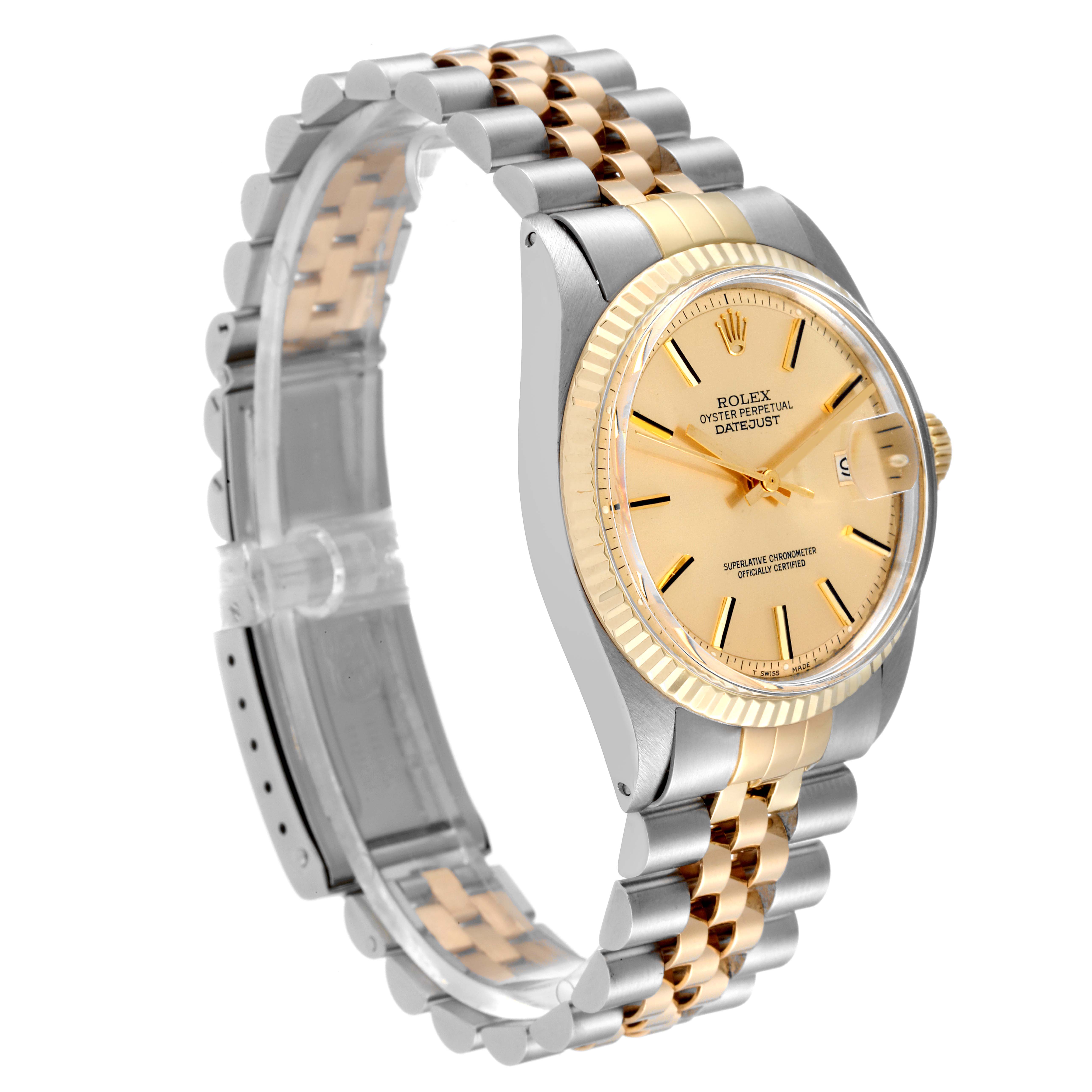 The Vintage Collection Rolex watch is shown at a side angle, displaying its gold face, bezel, and two-tone bracelet.