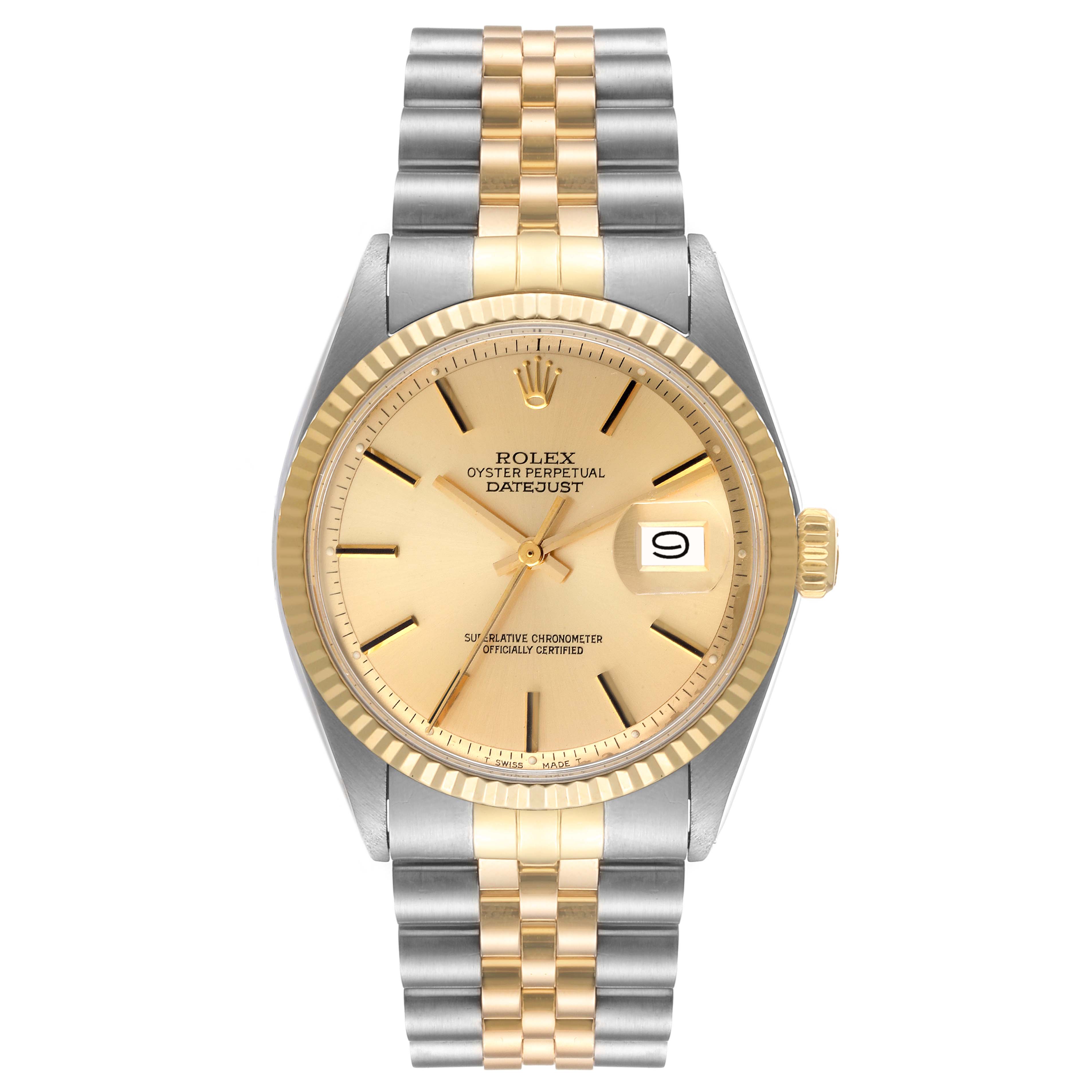 The image shows a front view of the Rolex Vintage Collection 1601 Men
s Steel and Gold (two tone) Champagne Dial 1601 Men
s Steel and Gold (two tone) Champagne Dial Oyster Perpetual Datejust watch, featuring a gold dial and a two-tone bracelet.