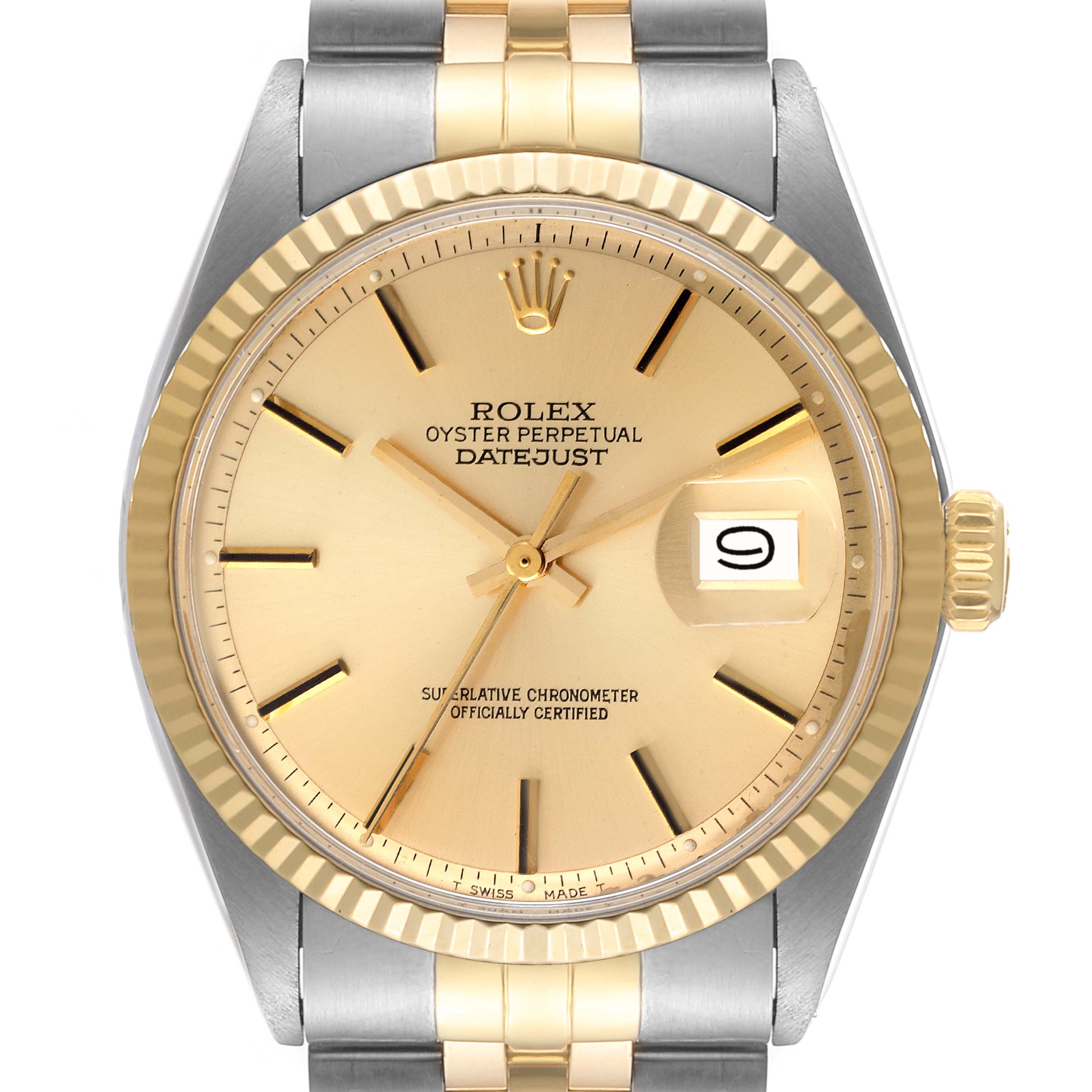 The image shows a front view of the Rolex Vintage Collection 1601 Men
s Steel and Gold (two tone) Champagne Dial 1601 Men
s Steel and Gold (two tone) Champagne Dial Datejust watch, highlighting its two-tone bracelet, gold dial, and date display.