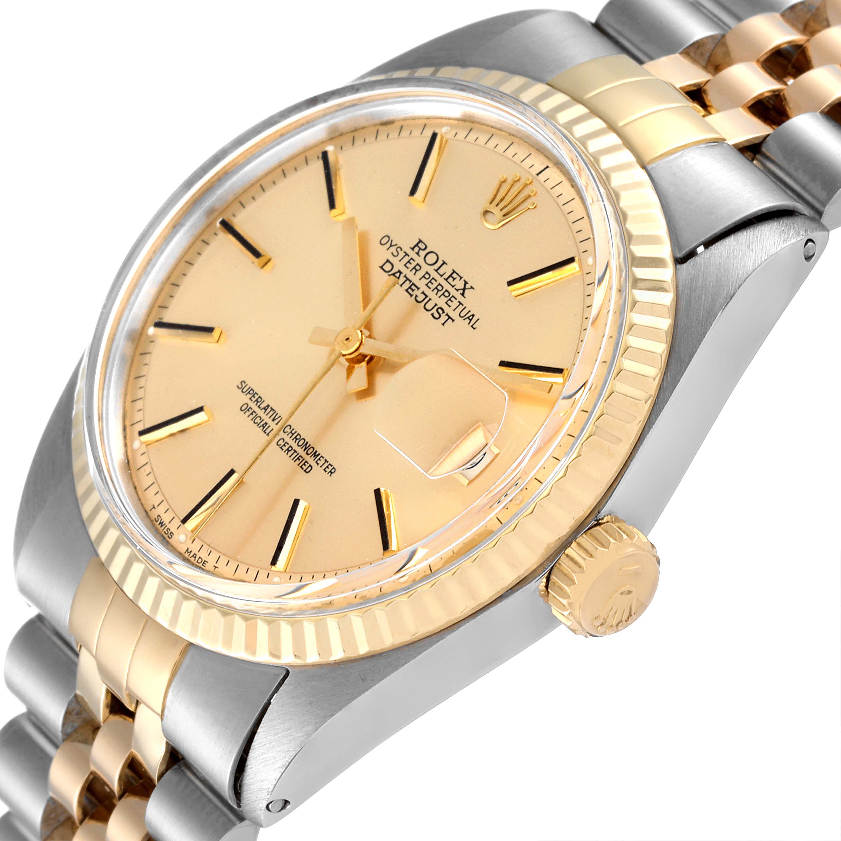 The image shows a side and partial face view of the Rolex Vintage Collection 1601 Men
s Steel and Gold (two tone) Champagne Dial 1601 Men
s Steel and Gold (two tone) Champagne Dial Datejust, highlighting its dial, bezel, and crown.