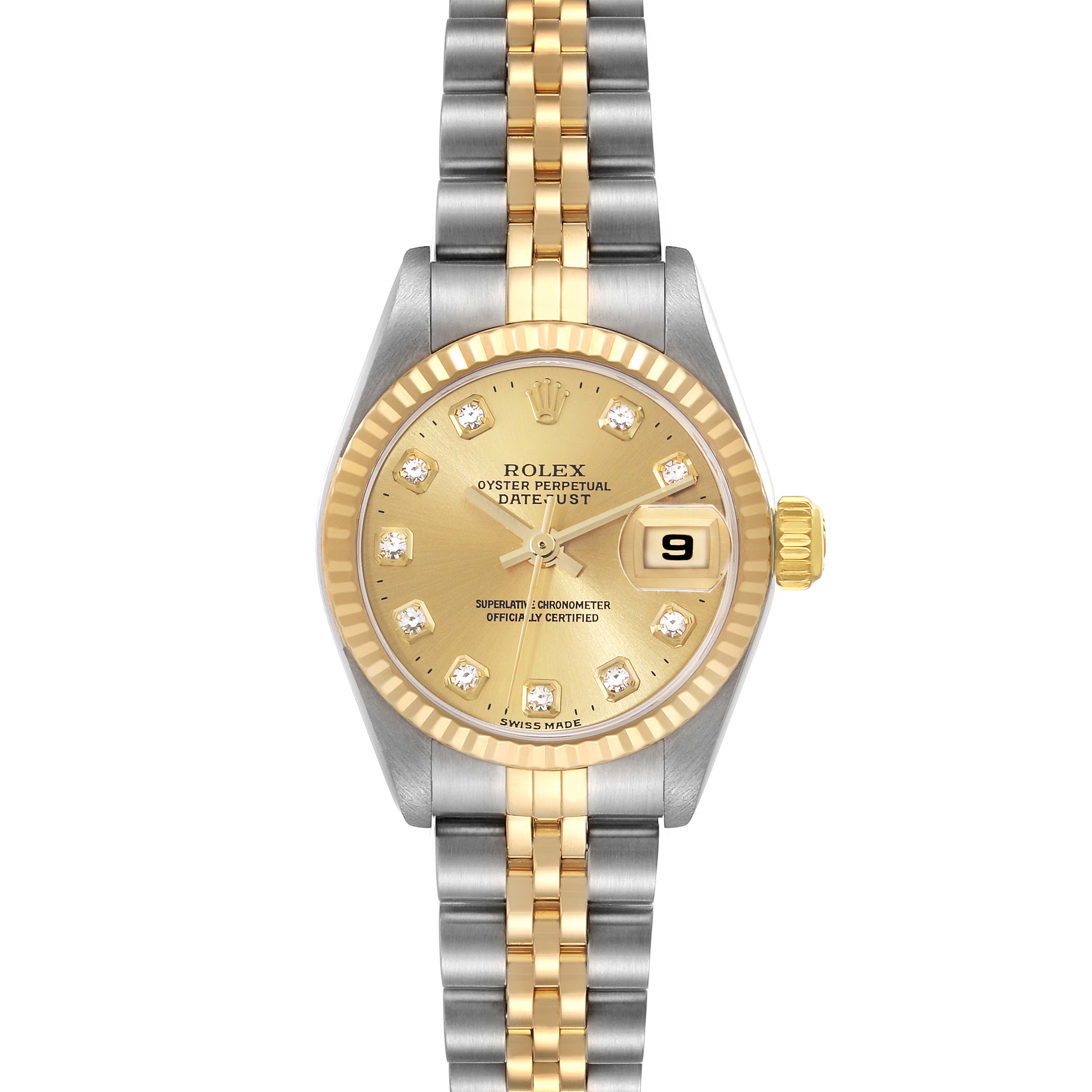 This image shows the front view of a Rolex Datejust 79173 Women's Steel and Gold (two tone) Champagne Dial 79173 Women's Steel and Gold (two tone) Champagne Dial watch, highlighting the dial, bezel, and bracelet.
