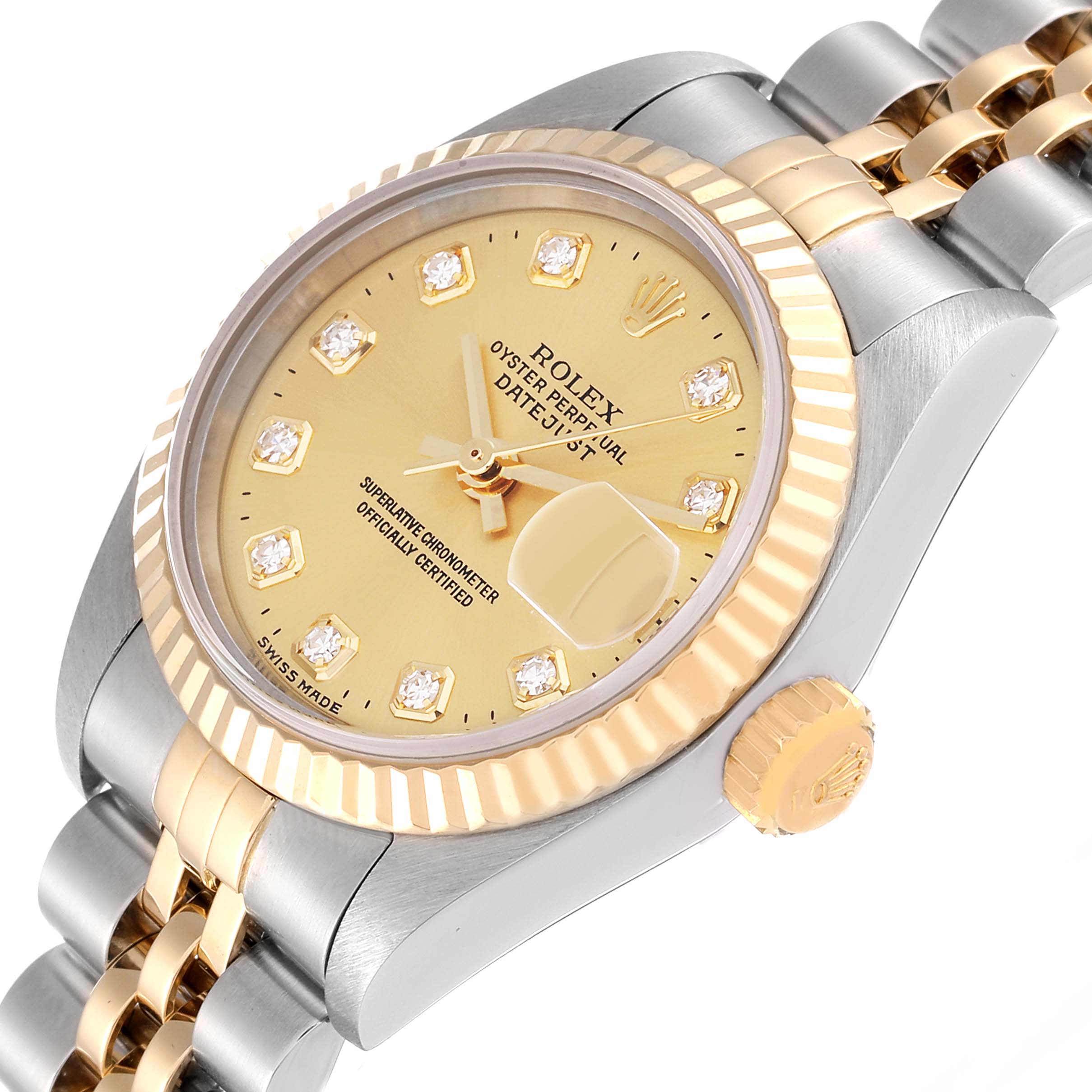 This image shows a close-up, angled view of the Rolex Datejust 79173 Women's Steel and Gold (two tone) Champagne Dial 79173 Women's Steel and Gold (two tone) Champagne Dial model, highlighting the face, bezel, and part of the bracelet.
