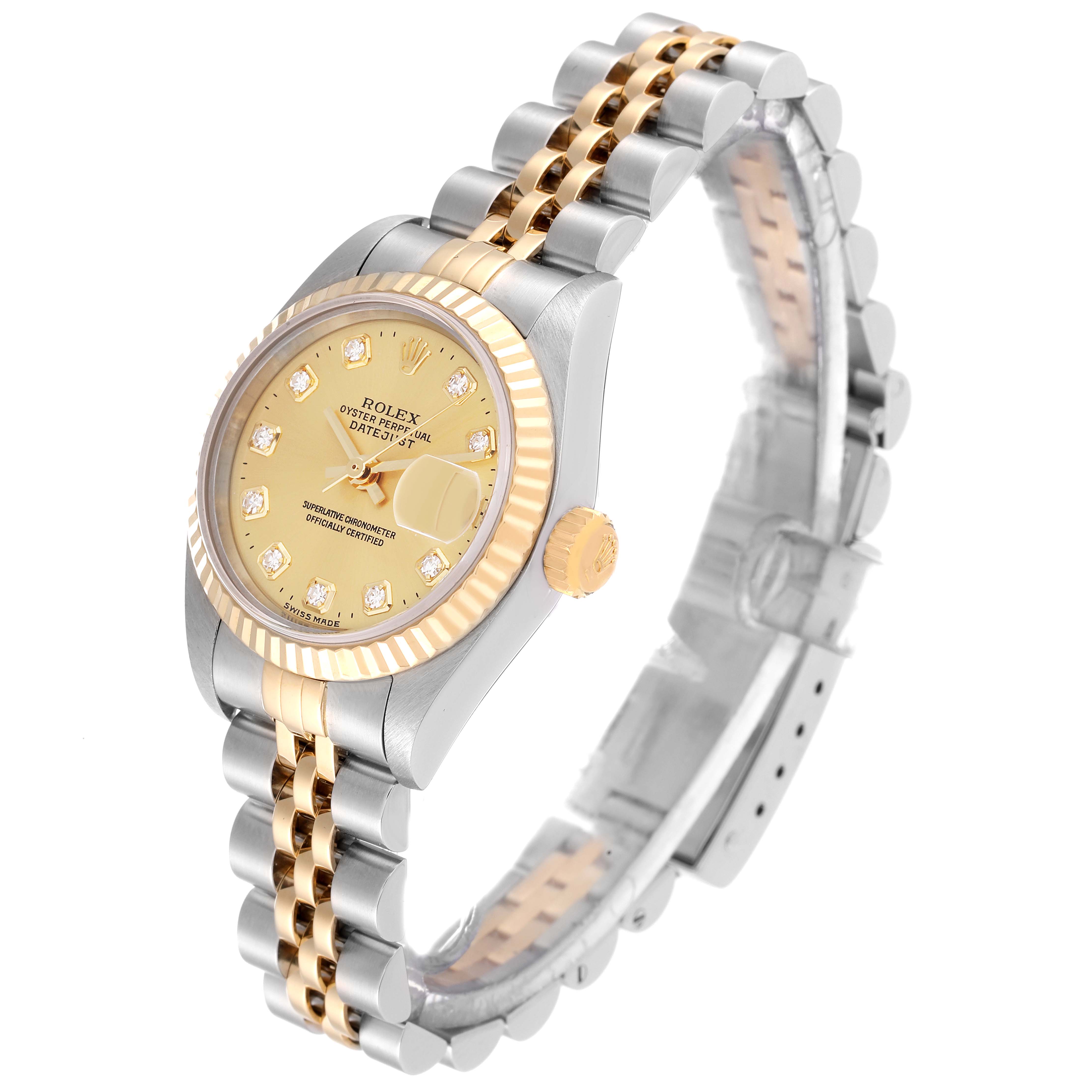 This image shows a Rolex Datejust 79173 Women's Steel and Gold (two tone) Champagne Dial 79173 Women's Steel and Gold (two tone) Champagne Dial watch from an angled side view, highlighting the dial, bezel, crown, and two-tone bracelet.