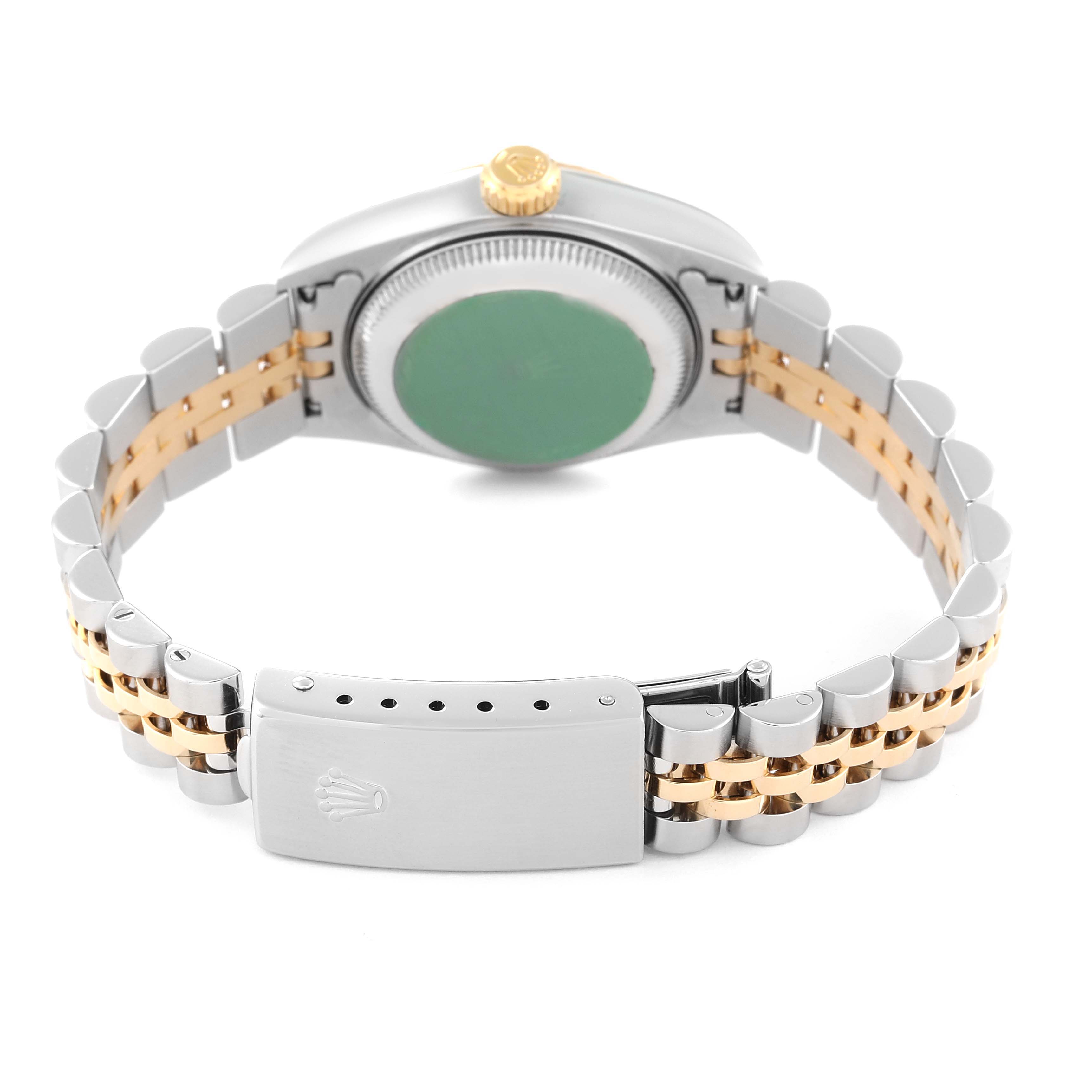 The image shows the back of the Rolex Datejust 79173 Women's Steel and Gold (two tone) Champagne Dial 79173 Women's Steel and Gold (two tone) Champagne Dial watch, highlighting its two-tone bracelet and clasp.