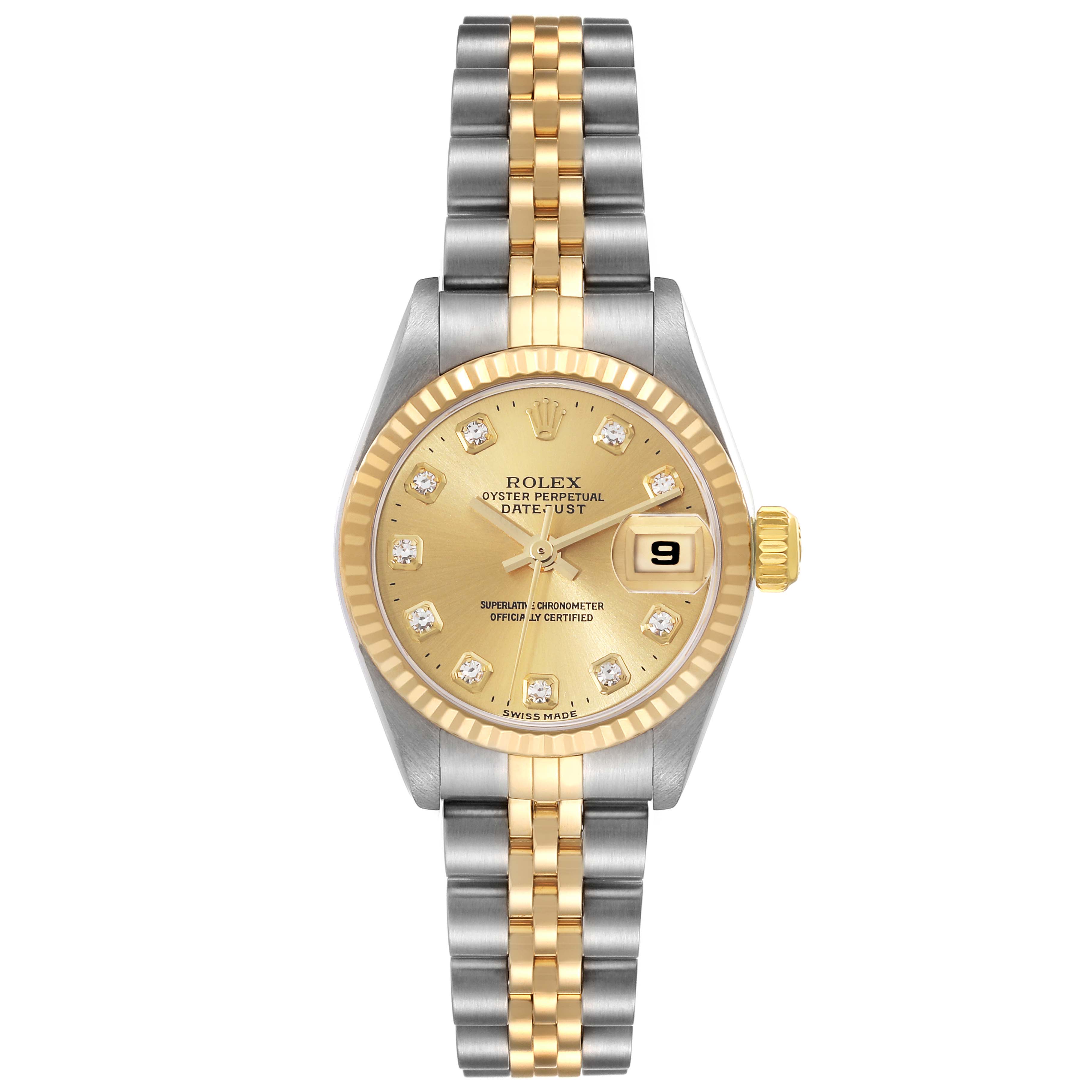 This Rolex Datejust 79173 Women's Steel and Gold (two tone) Champagne Dial 79173 Women's Steel and Gold (two tone) Champagne Dial watch is shown from a top-down angle, highlighting its dial, bezel, crown, and bracelet.