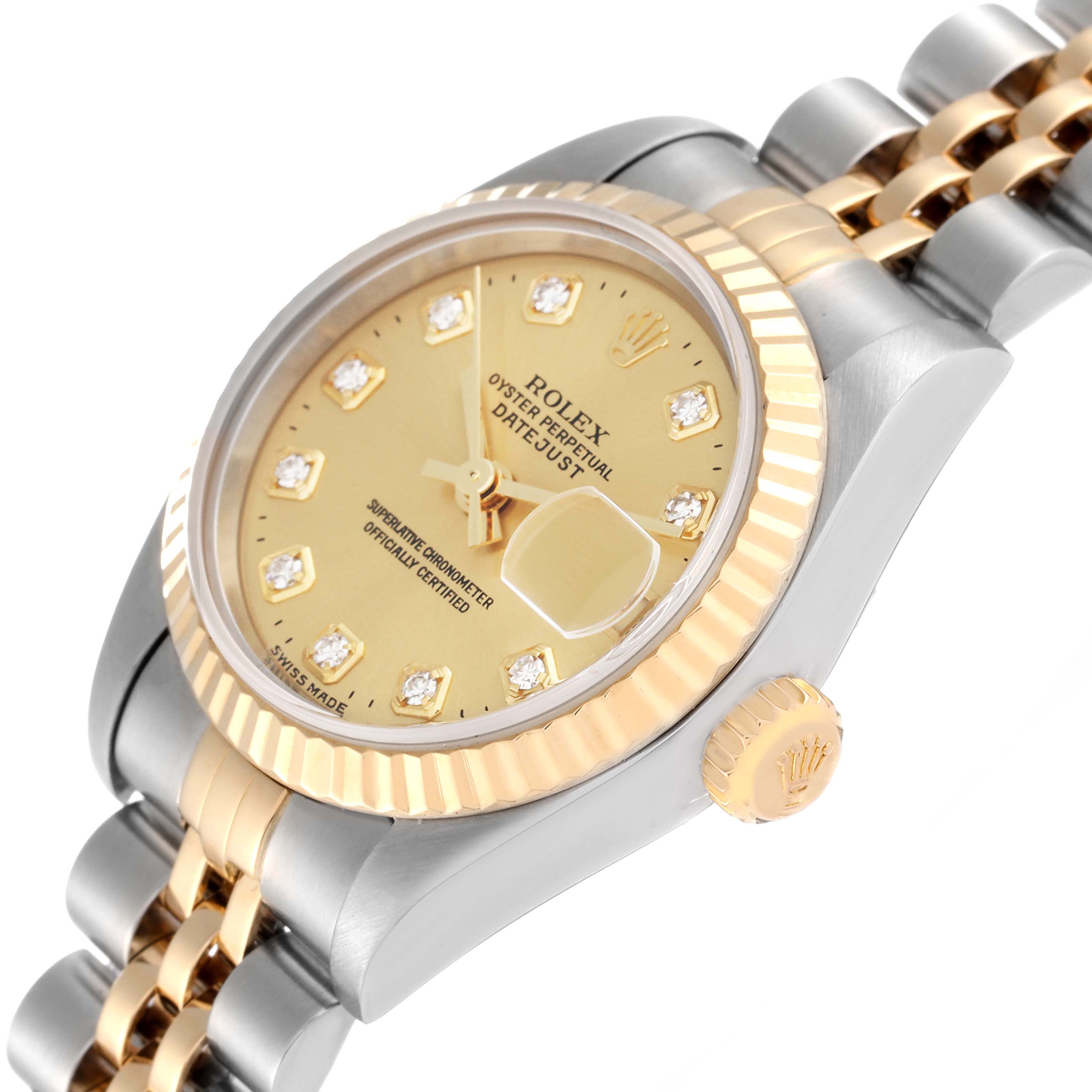 This image shows a close-up of the Rolex Datejust 79173 Women's Steel and Gold (two tone) Champagne Dial 79173 Women's Steel and Gold (two tone) Champagne Dial watch, focusing on its dial, bezel, and crown with a partial view of the bracelet.