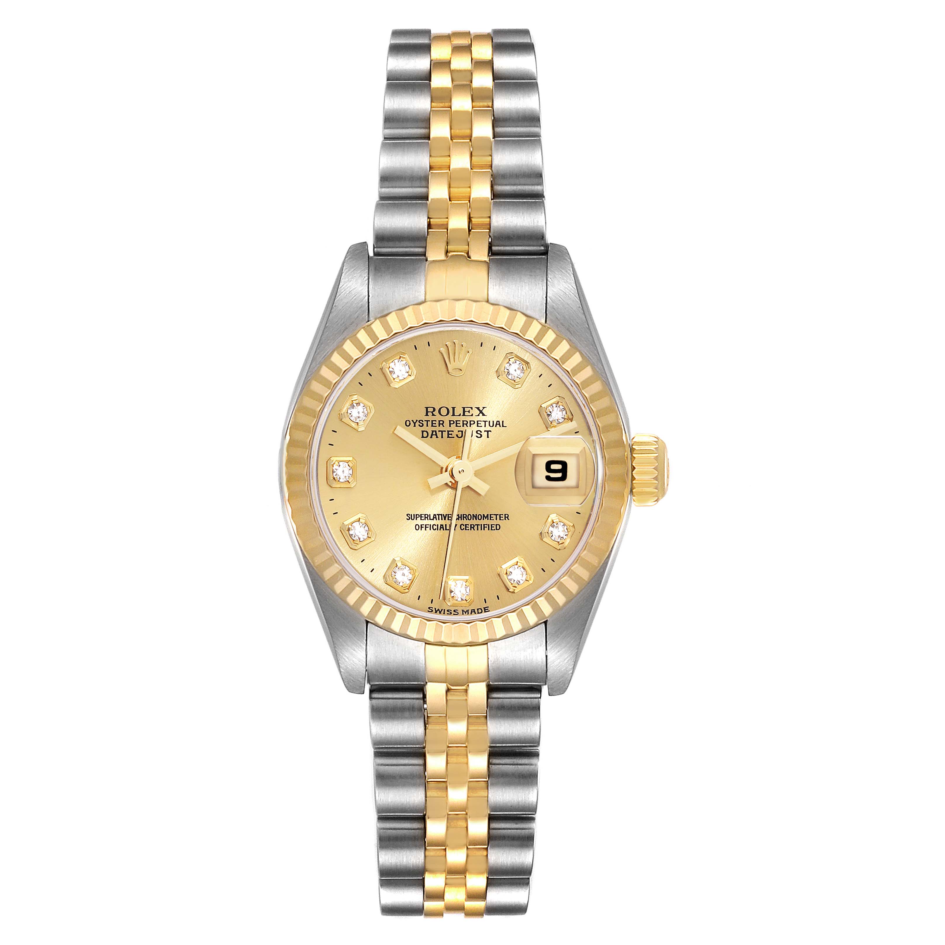 The Rolex Datejust 79173 Women's Steel and Gold (two tone) Champagne Dial 79173 Women's Steel and Gold (two tone) Champagne Dial model is shown from a top-down angle, featuring its dial, bezel, and bracelet.