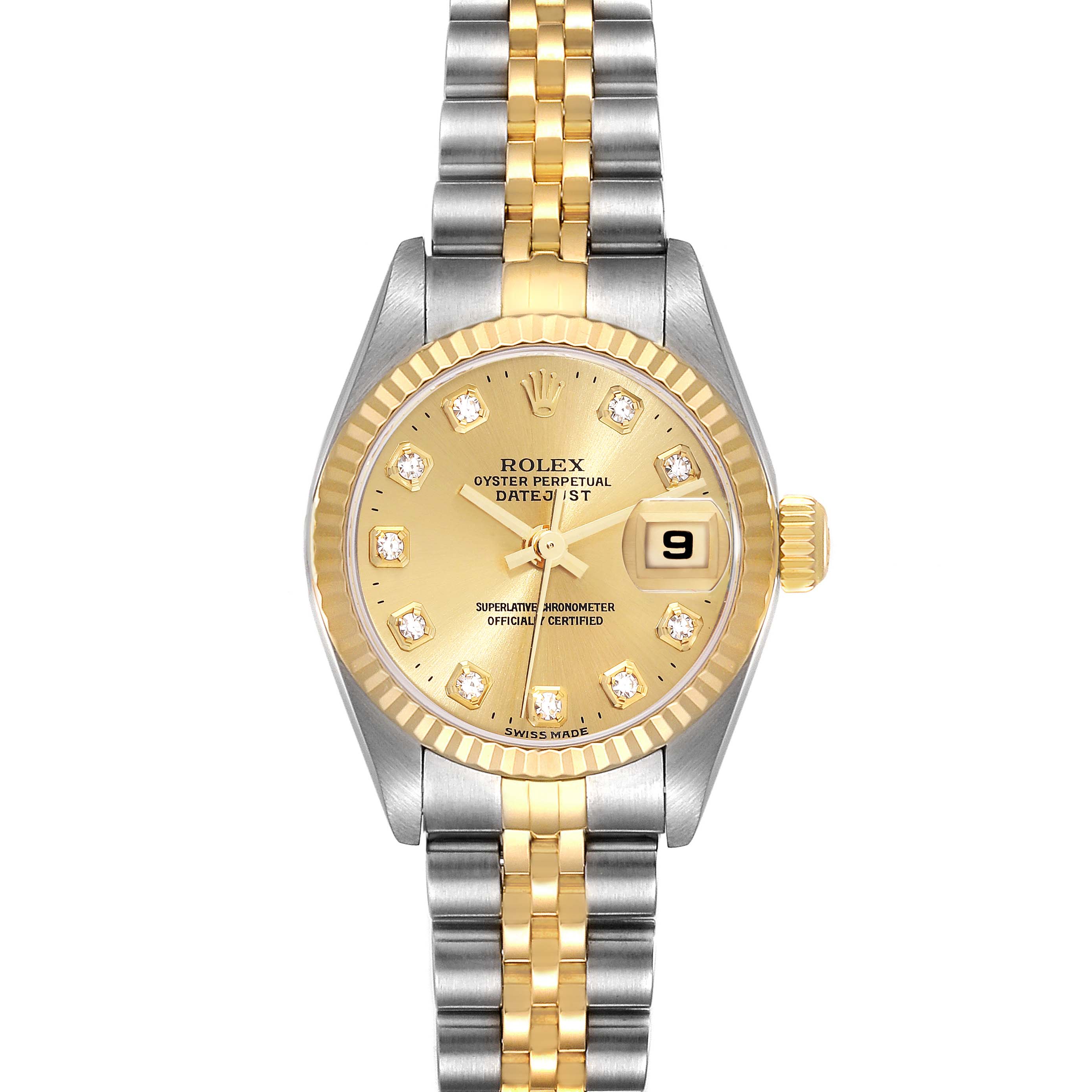 The image shows a front view of a Rolex Datejust 79173 Women's Steel and Gold (two tone) Champagne Dial 79173 Women's Steel and Gold (two tone) Champagne Dial watch, displaying its gold dial, fluted bezel, and two-tone bracelet.