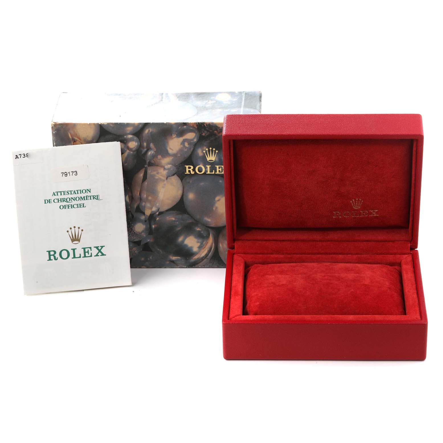 This image shows a Rolex Datejust 79173 Women's Steel and Gold (two tone) Champagne Dial 79173 Women's Steel and Gold (two tone) Champagne Dial watch box, a manual, and an outer packaging box with the Rolex logo.
