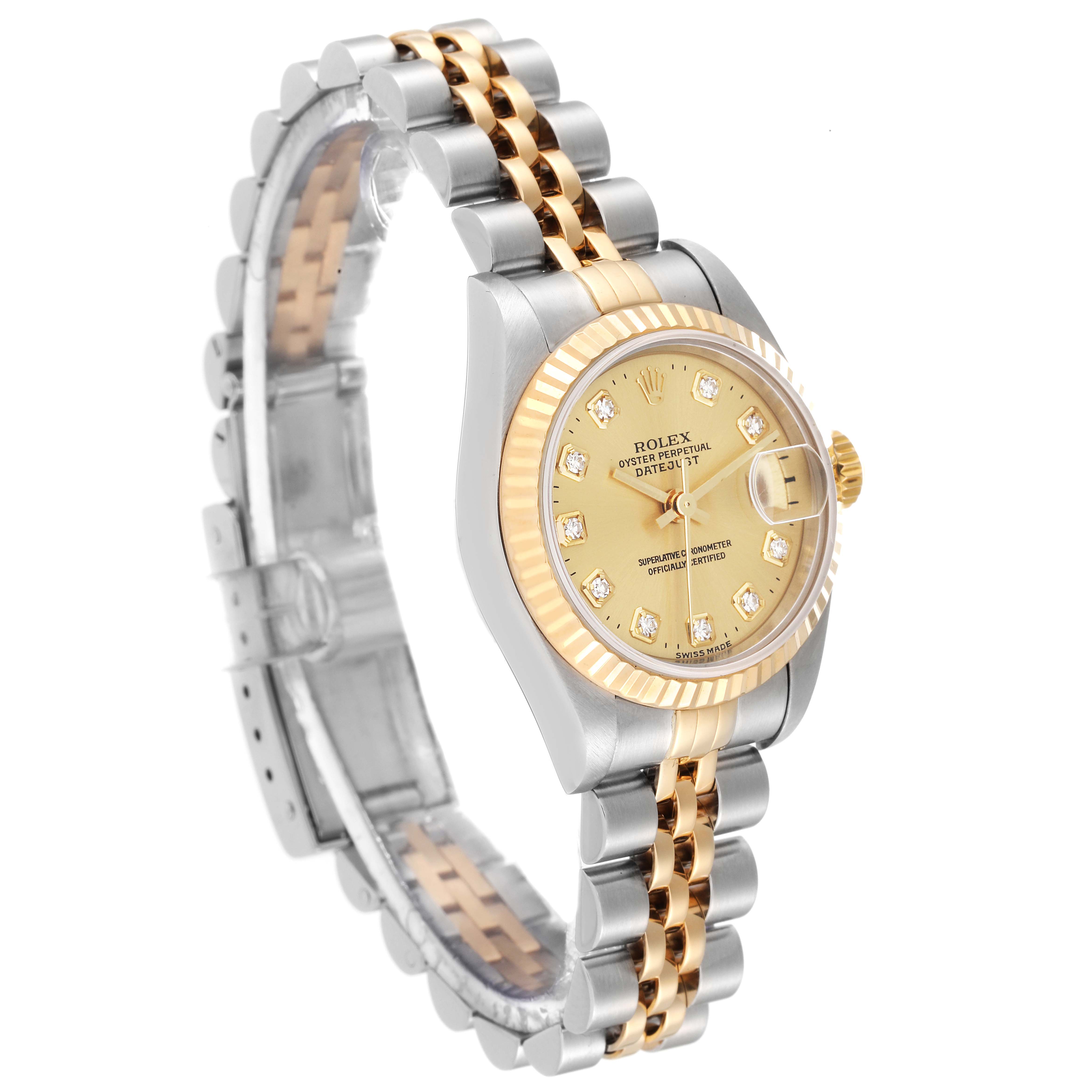 This Rolex Datejust 79173 Women's Steel and Gold (two tone) Champagne Dial 79173 Women's Steel and Gold (two tone) Champagne Dial watch is shown from a three-quarter angle, displaying the dial, bezel, crown, and two-tone bracelet.