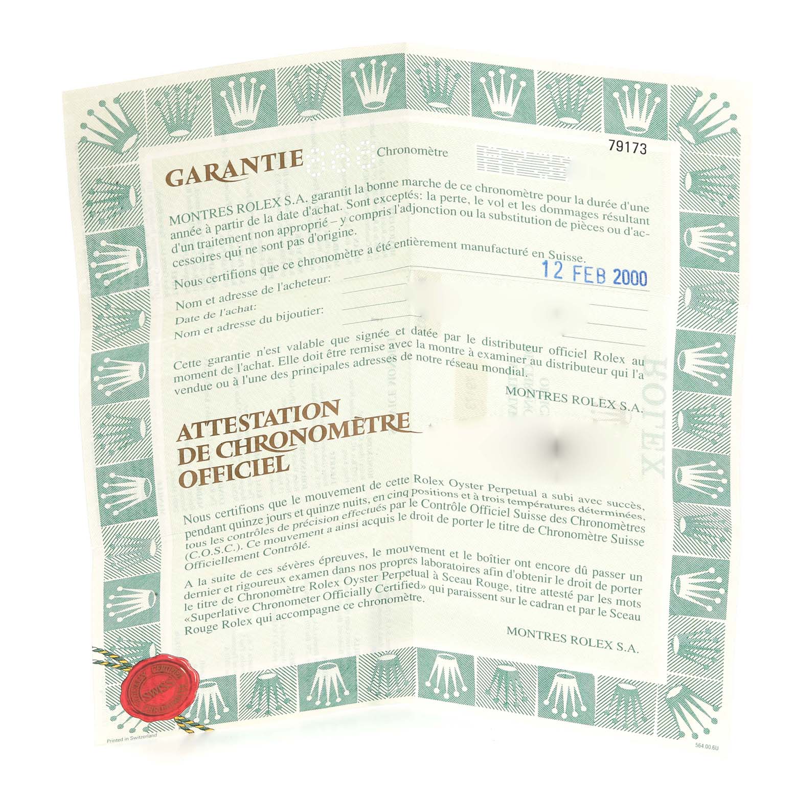 The image shows the warranty certificate for a Rolex Datejust 79173 Women's Steel and Gold (two tone) Champagne Dial 79173 Women's Steel and Gold (two tone) Champagne Dial watch, emphasizing text and the date of purchase.