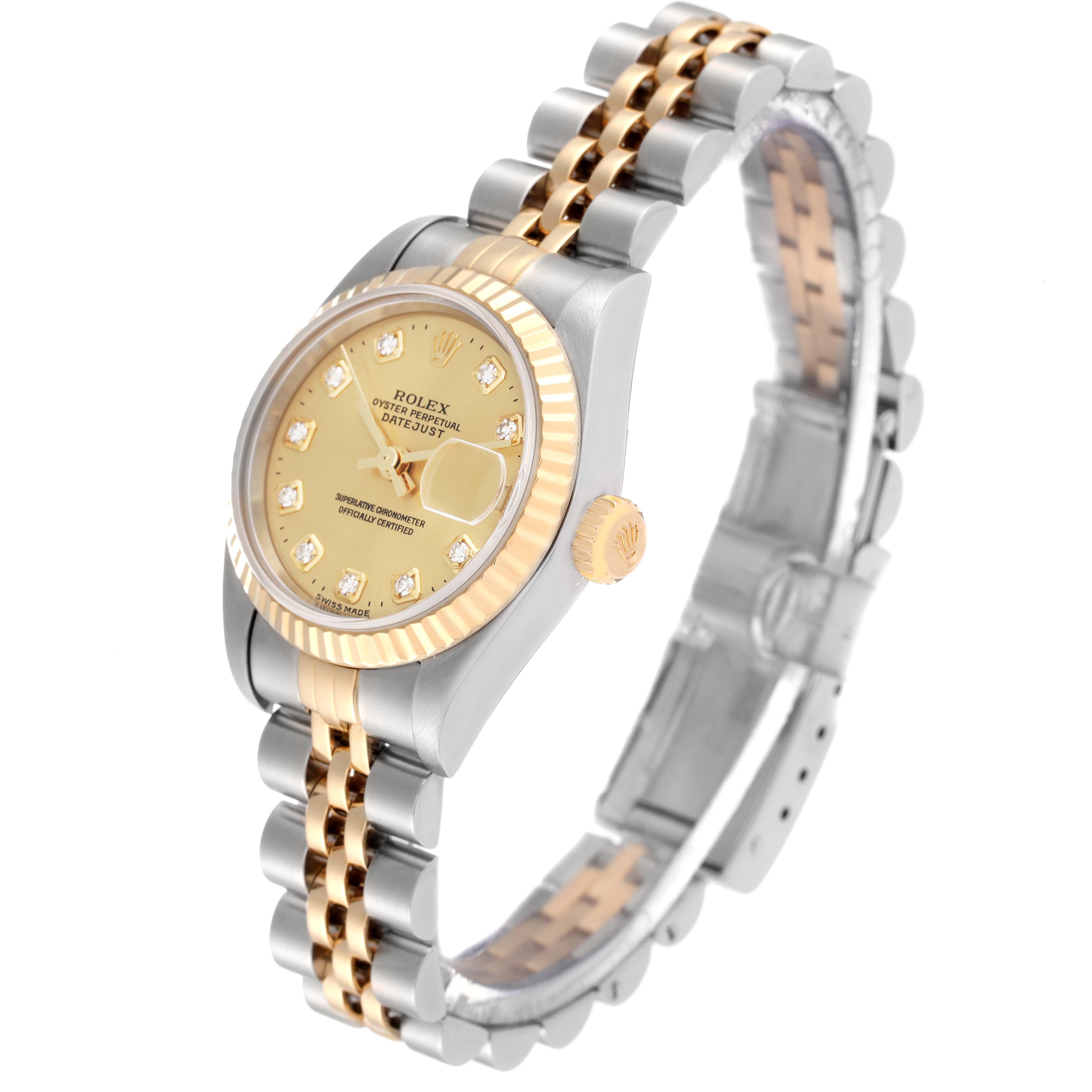 This image shows a Rolex Datejust 79173 Women's Steel and Gold (two tone) Champagne Dial 79173 Women's Steel and Gold (two tone) Champagne Dial watch at an angle displaying its dial, bracelet, and crown prominently.