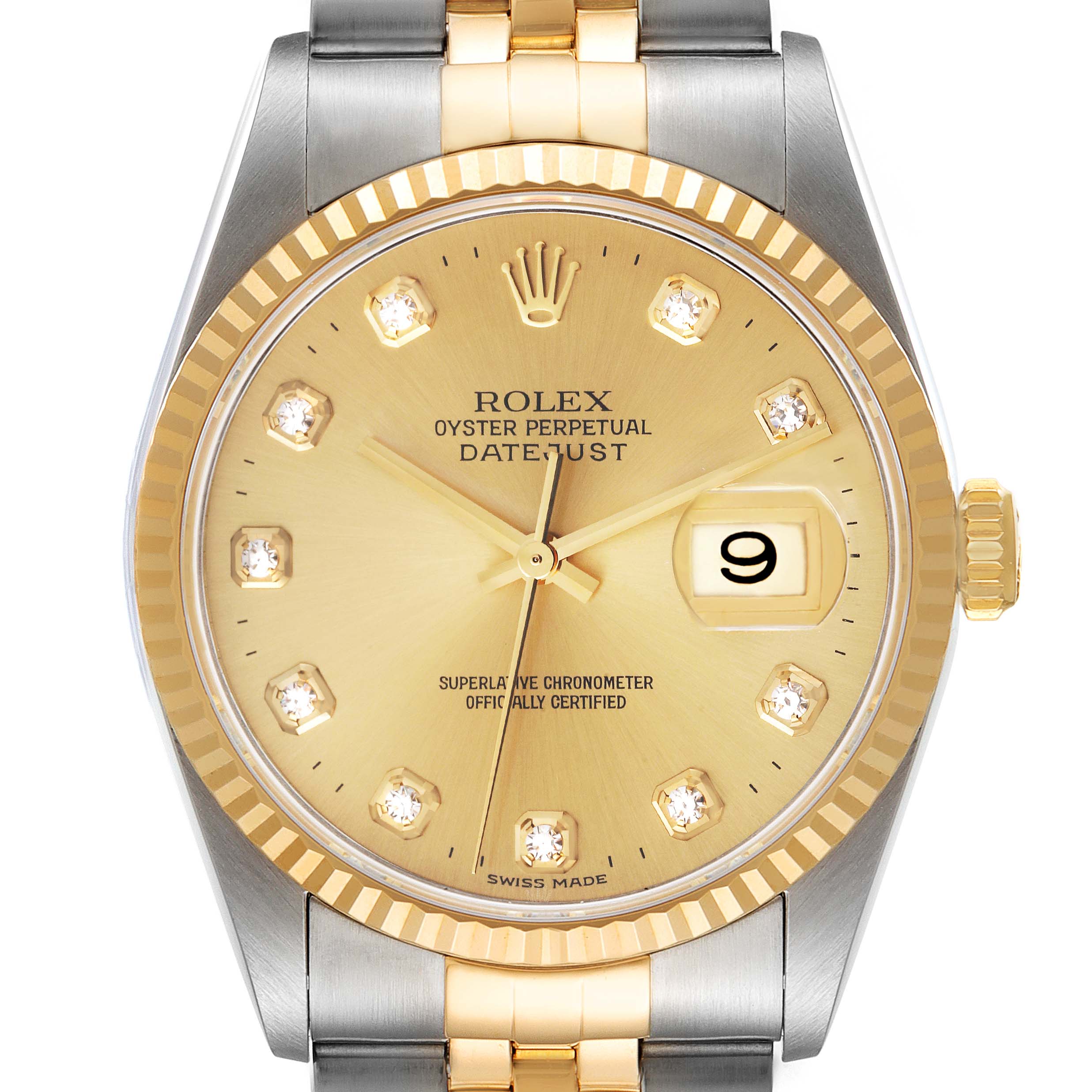 The image shows a front view of a Rolex Datejust 16233 Men's Steel and Gold (two tone) Champagne Dial 16233 Men's Steel and Gold (two tone) Champagne Dial watch, displaying the dial, crown, and part of the bracelet.