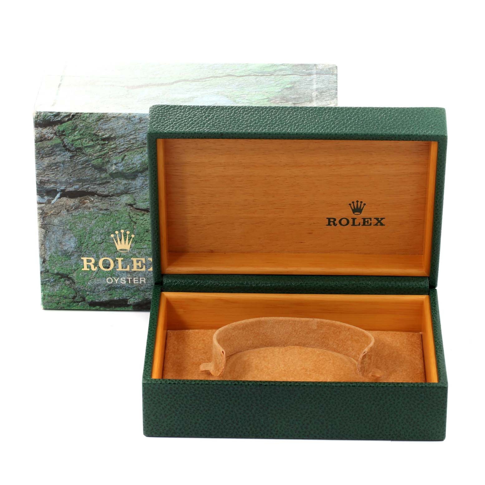 The image shows an open Rolex watch box with Rolex branding, including the outer box and inner suede cushion.