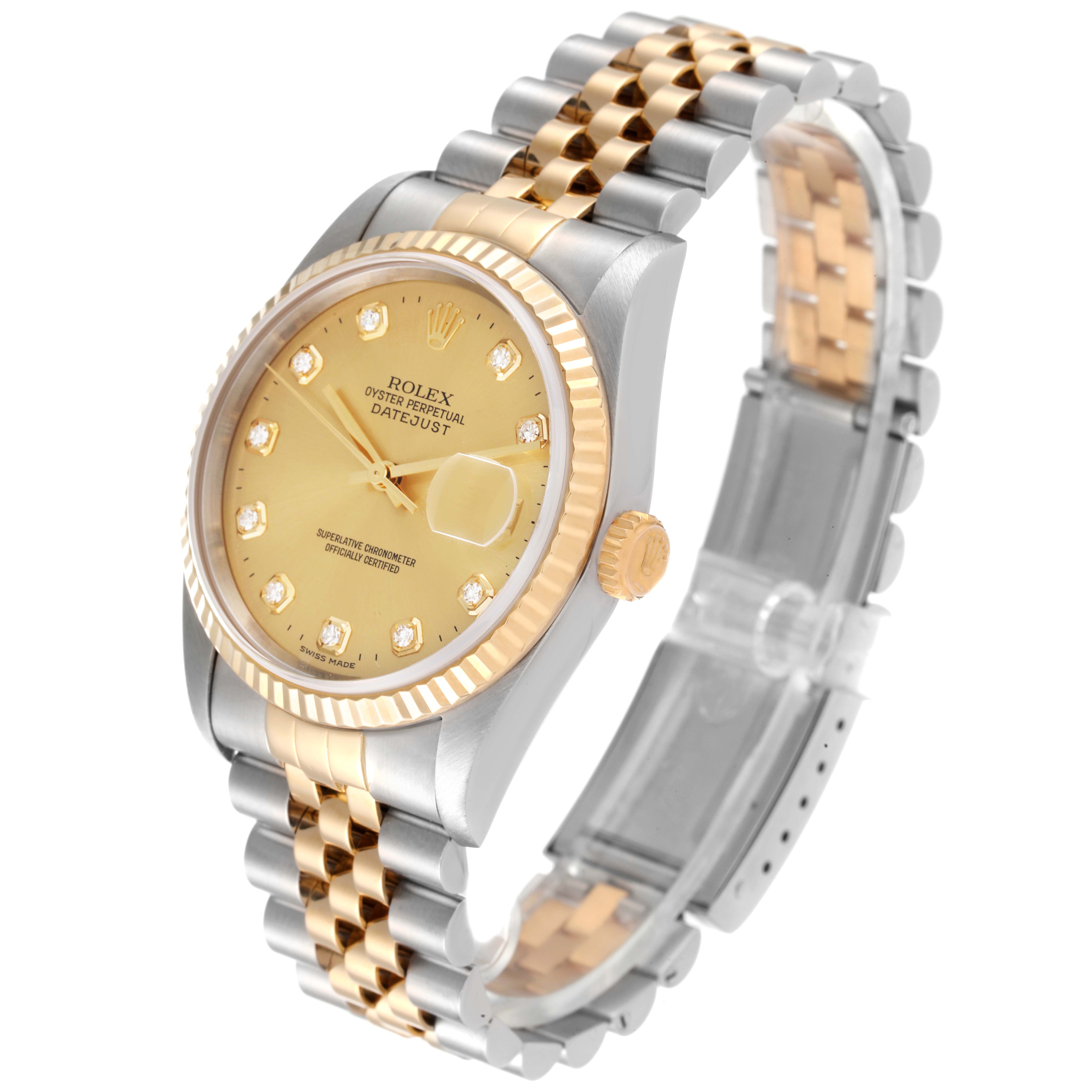 This Rolex Datejust 16233 Men's Steel and Gold (two tone) Champagne Dial 16233 Men's Steel and Gold (two tone) Champagne Dial model is shown at an angle displaying its face, bezel, crown, and two-tone metal bracelet.