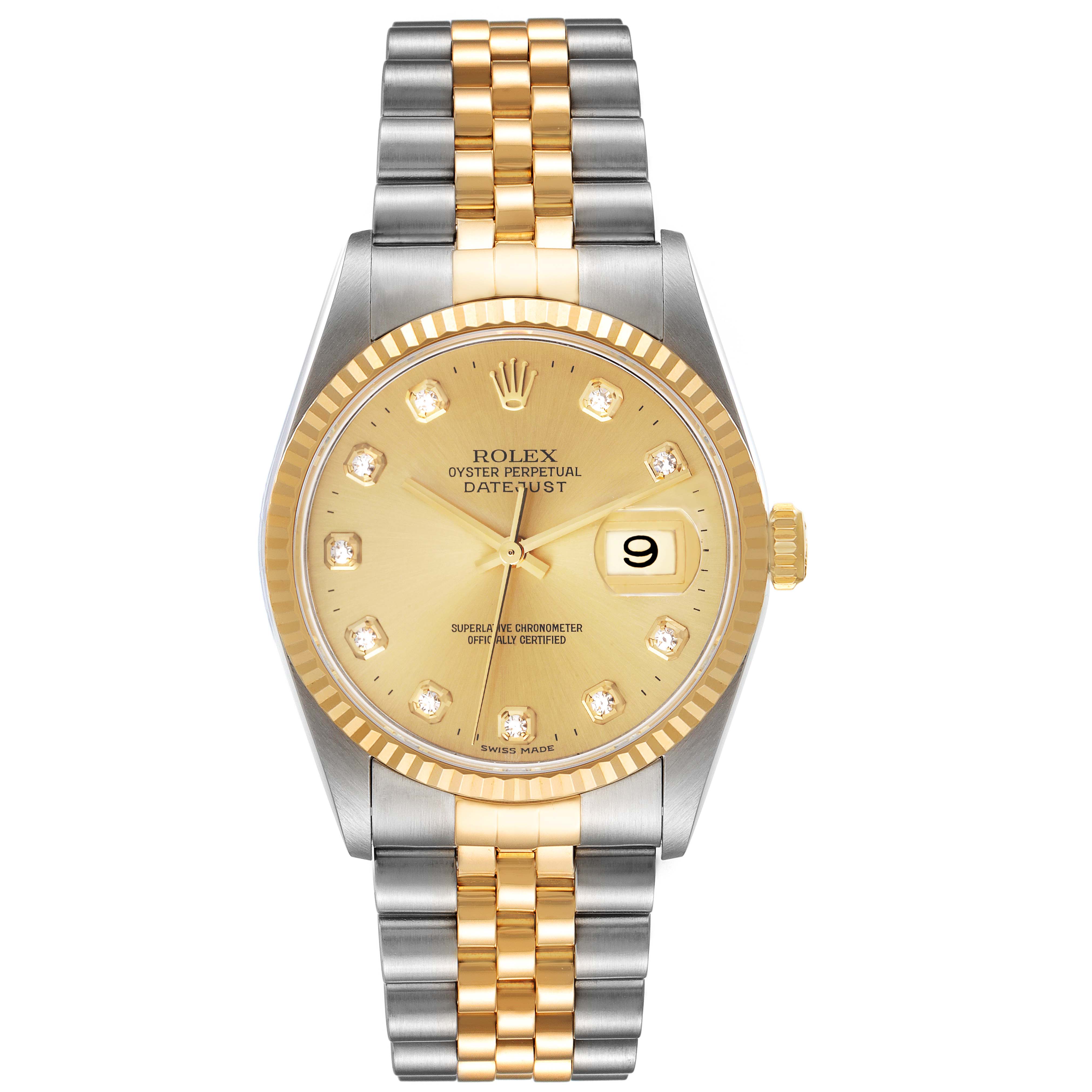 This image shows a Rolex Datejust 16233 Men's Steel and Gold (two tone) Champagne Dial 16233 Men's Steel and Gold (two tone) Champagne Dial watch from a front angle, displaying the face, bezel, and two-tone bracelet.