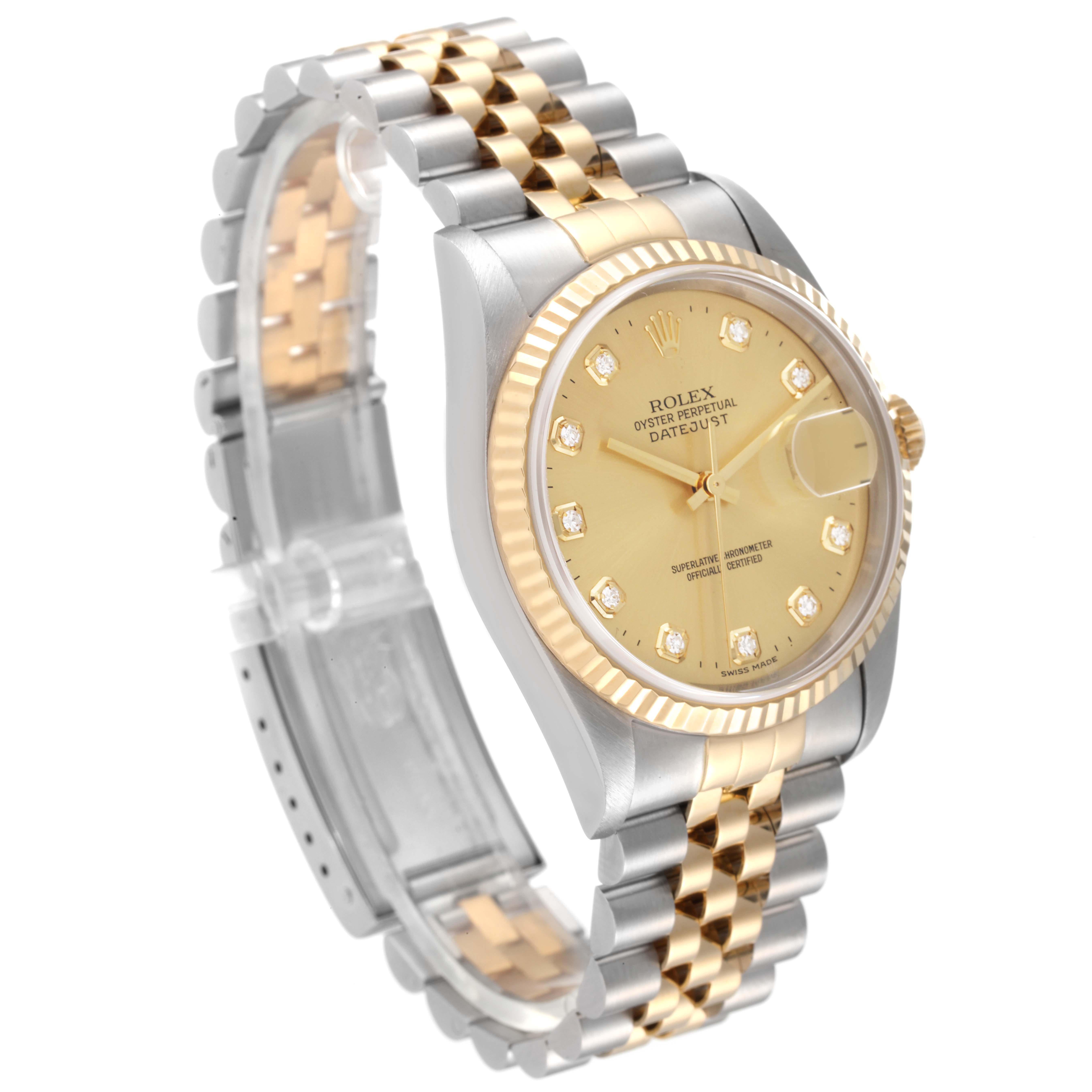 This image shows a Rolex Datejust 16233 Men's Steel and Gold (two tone) Champagne Dial 16233 Men's Steel and Gold (two tone) Champagne Dial watch at a three-quarter angle, highlighting its dial, bezel, and bracelet.