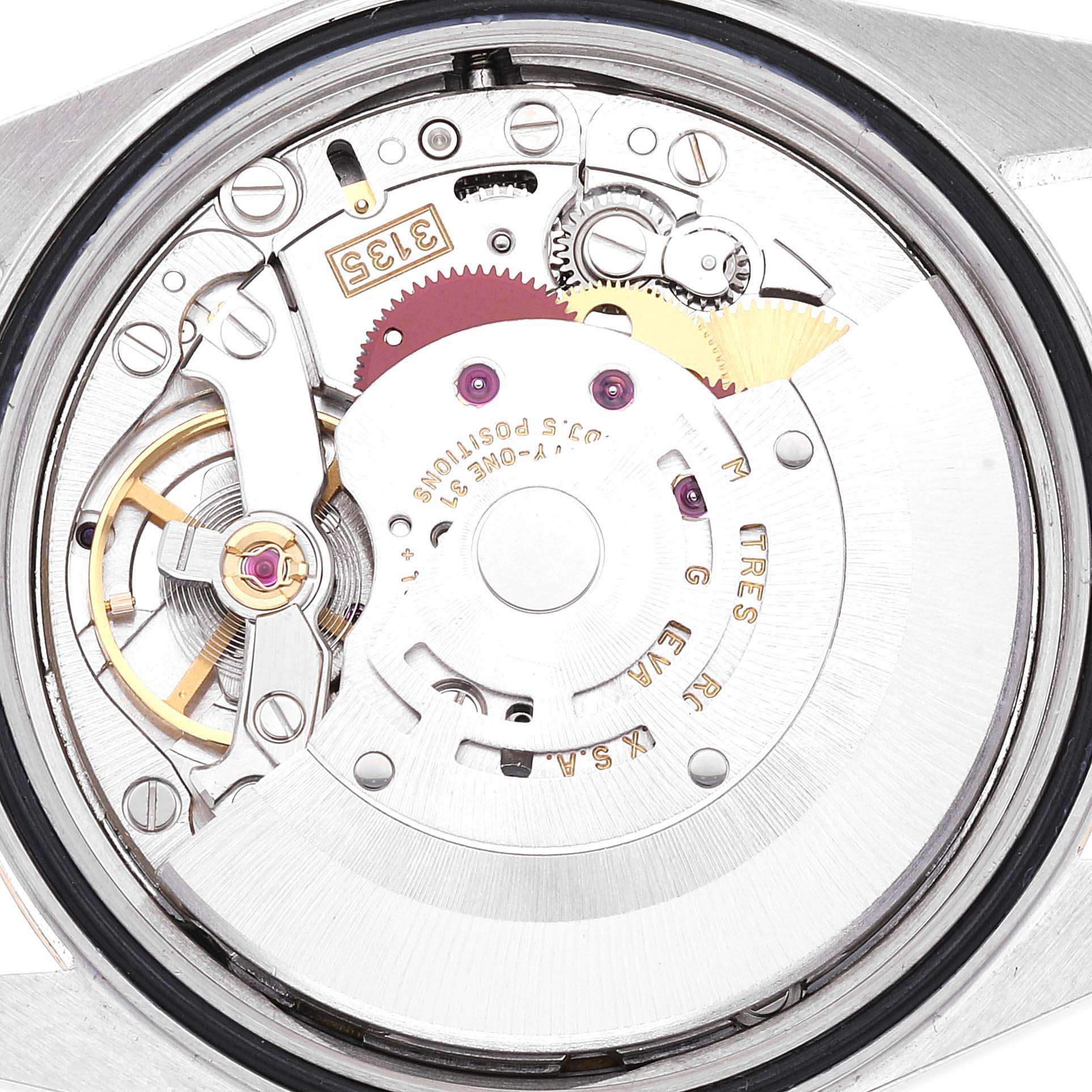 This image shows the internal movement mechanism of a Rolex Datejust 16233 Men's Steel and Gold (two tone) Champagne Dial 16233 Men's Steel and Gold (two tone) Champagne Dial model watch at a close-up angle.