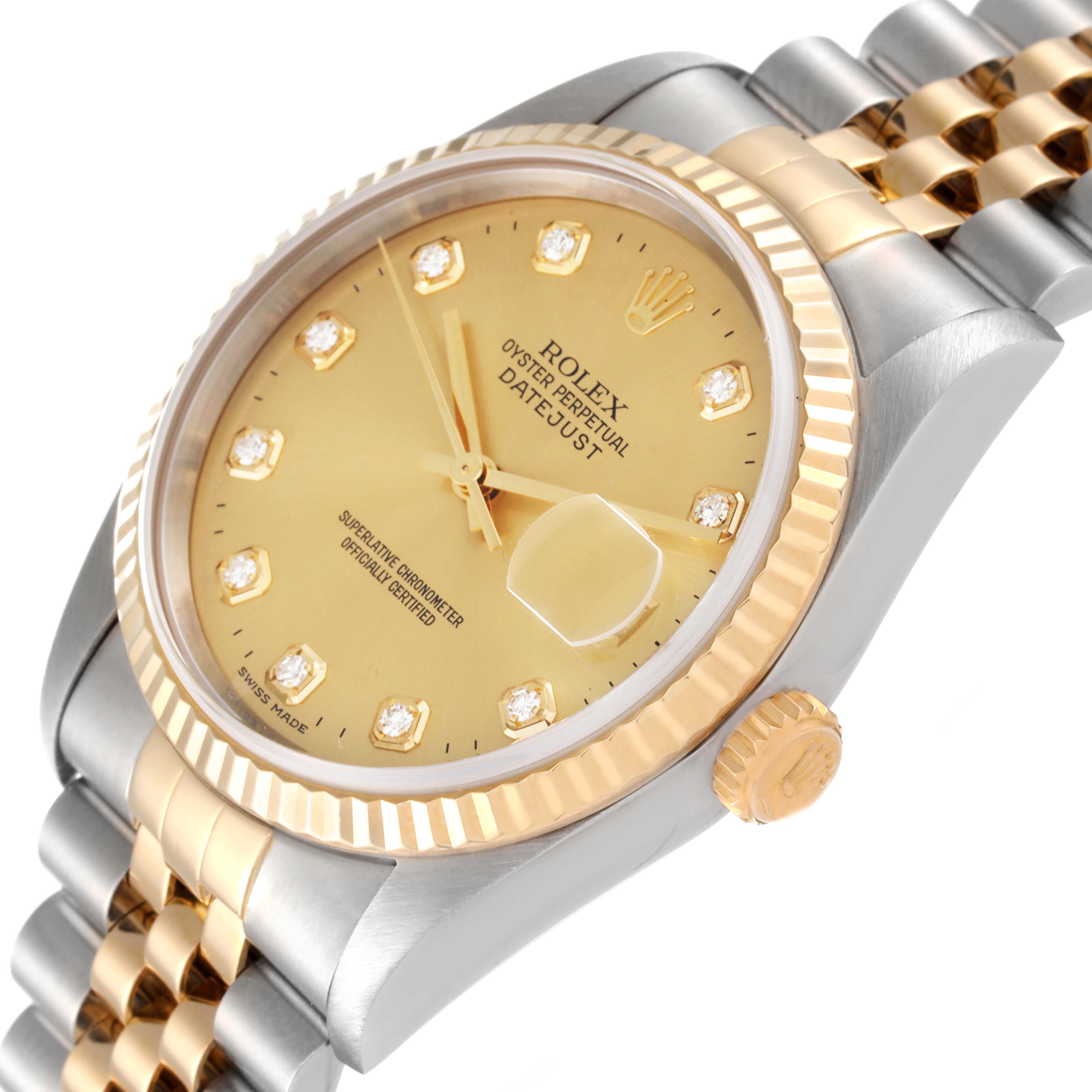The Rolex Datejust 16233 Men's Steel and Gold (two tone) Champagne Dial 16233 Men's Steel and Gold (two tone) Champagne Dial watch is shown at an angle highlighting its face, bezel, crown, and part of the bracelet.