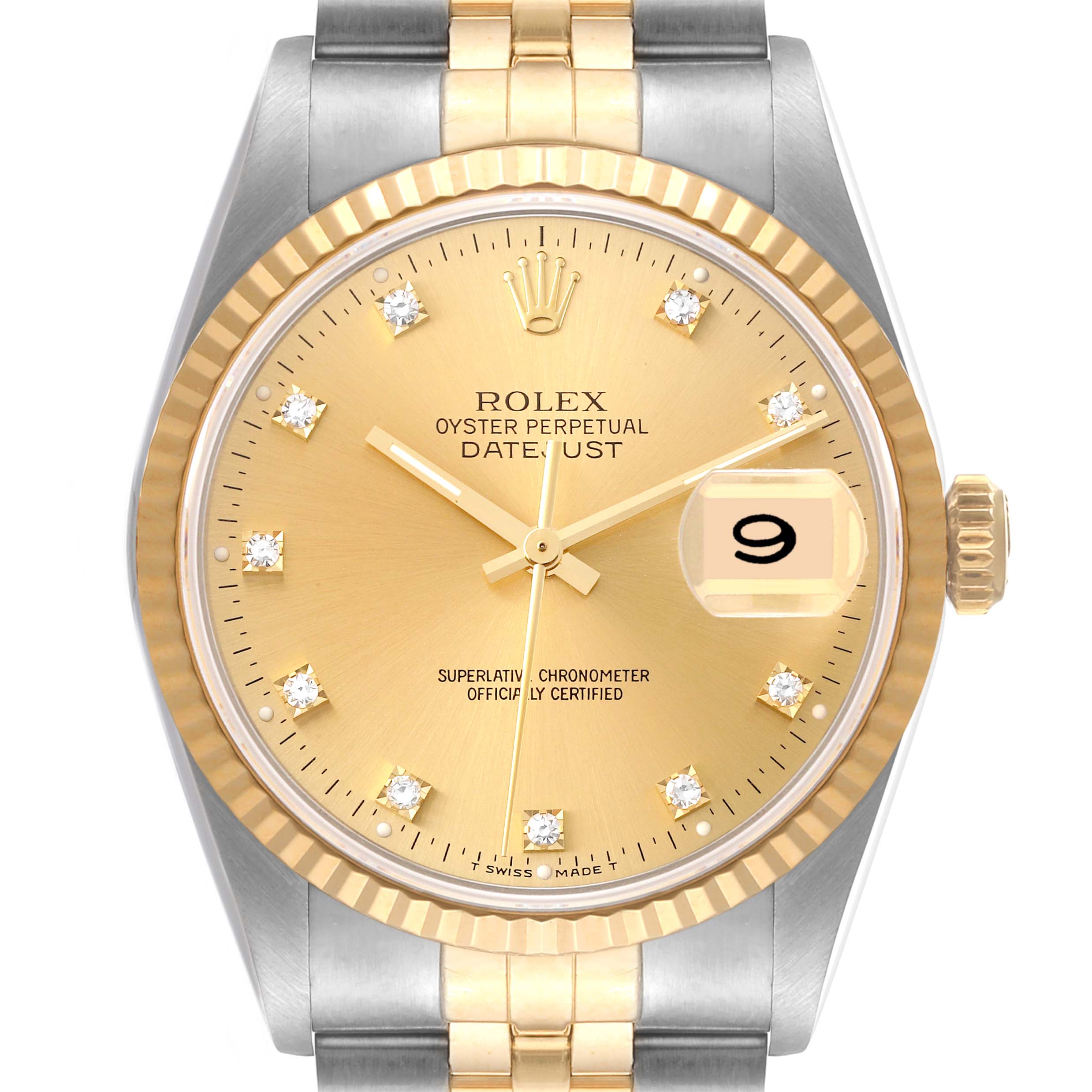 This is a front view of the Rolex Datejust 16233 Men's Steel and Gold (two tone) Champagne Dial 16233 Men's Steel and Gold (two tone) Champagne Dial watch, displaying the gold dial, diamond hour markers, and date window.