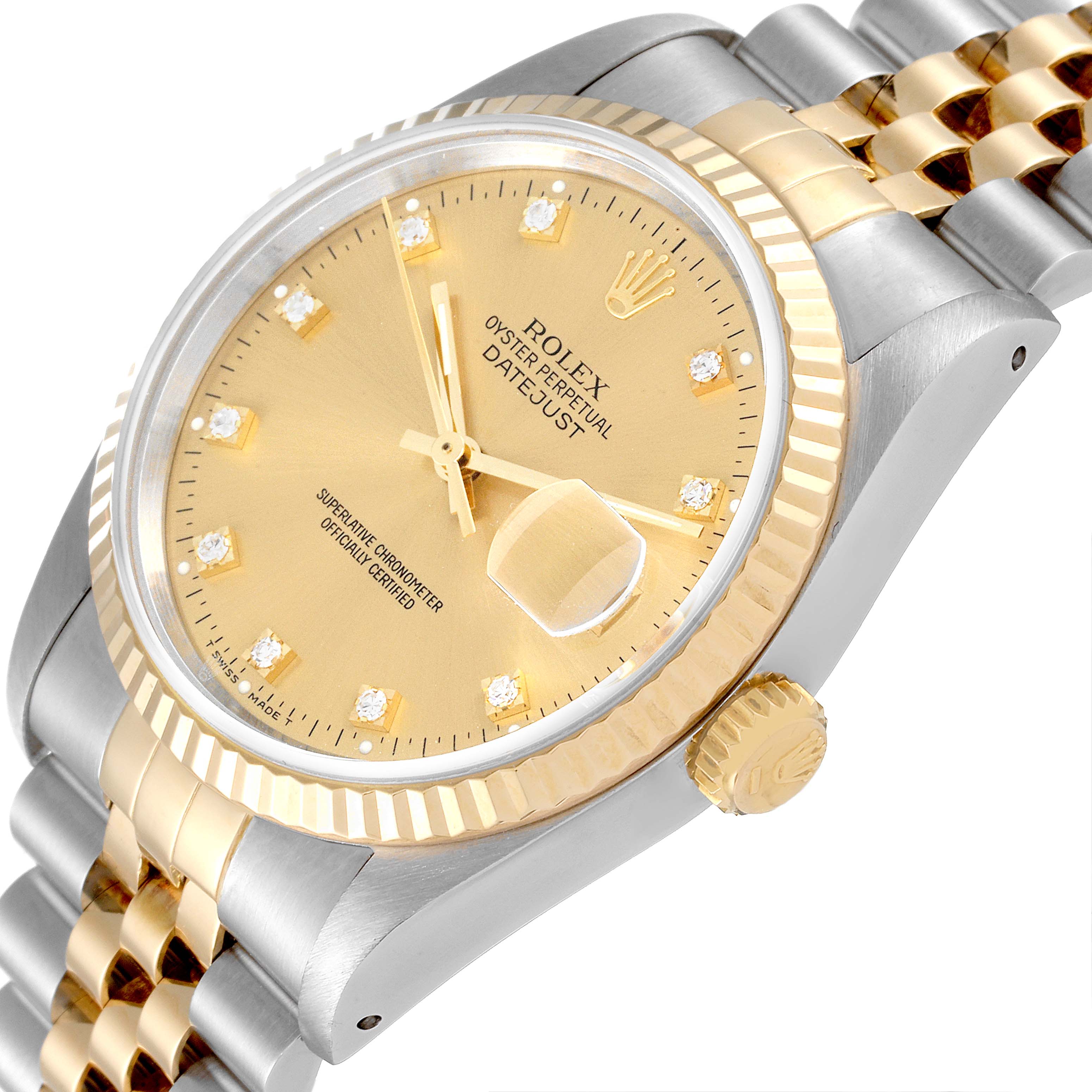 This image shows a side angle of a Rolex Datejust 16233 Men's Steel and Gold (two tone) Champagne Dial 16233 Men's Steel and Gold (two tone) Champagne Dial watch, featuring its face, crown, and part of the bracelet.