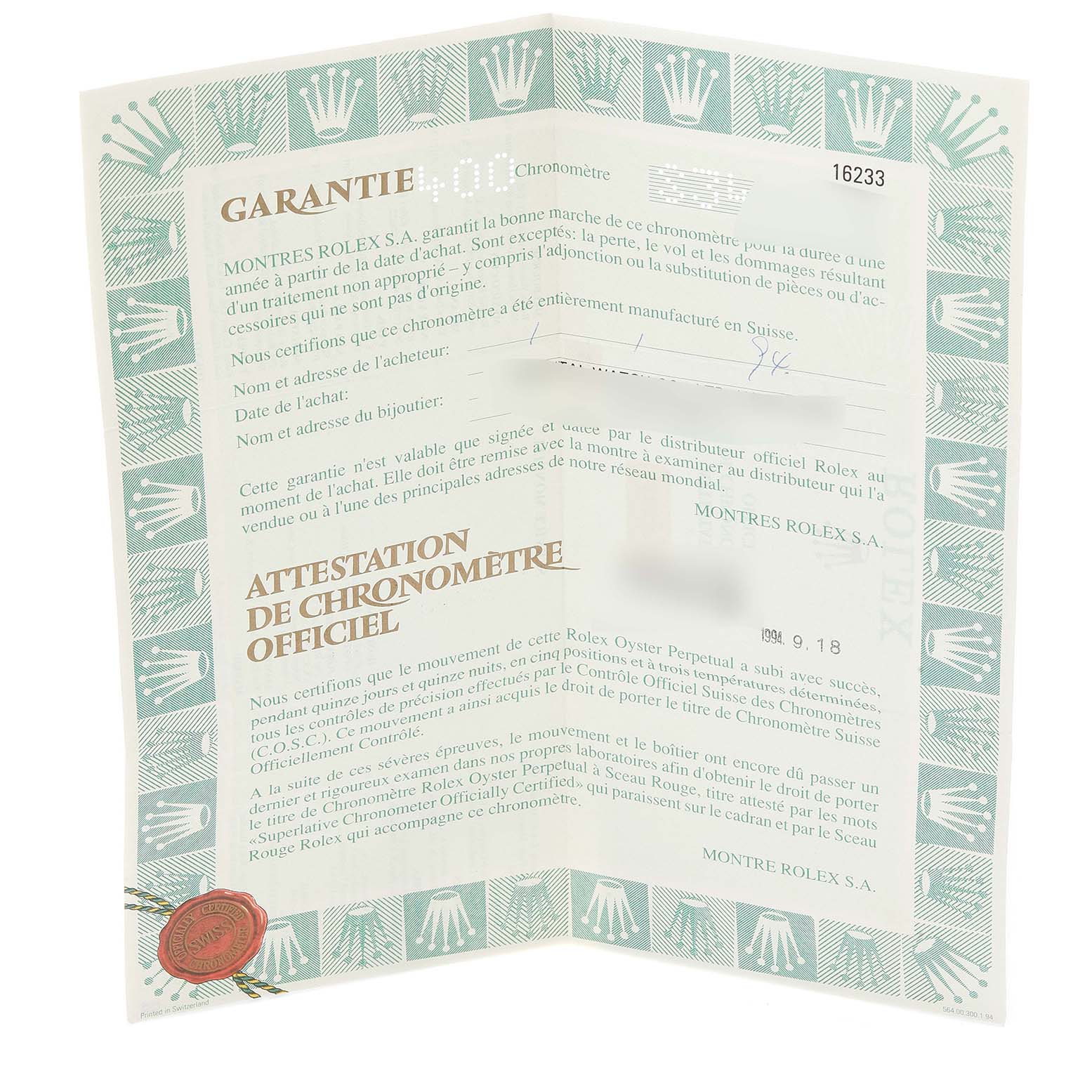 The image shows the open warranty and official chronometer certification card for the Rolex Datejust 16233 Men's Steel and Gold (two tone) Champagne Dial 16233 Men's Steel and Gold (two tone) Champagne Dial model.