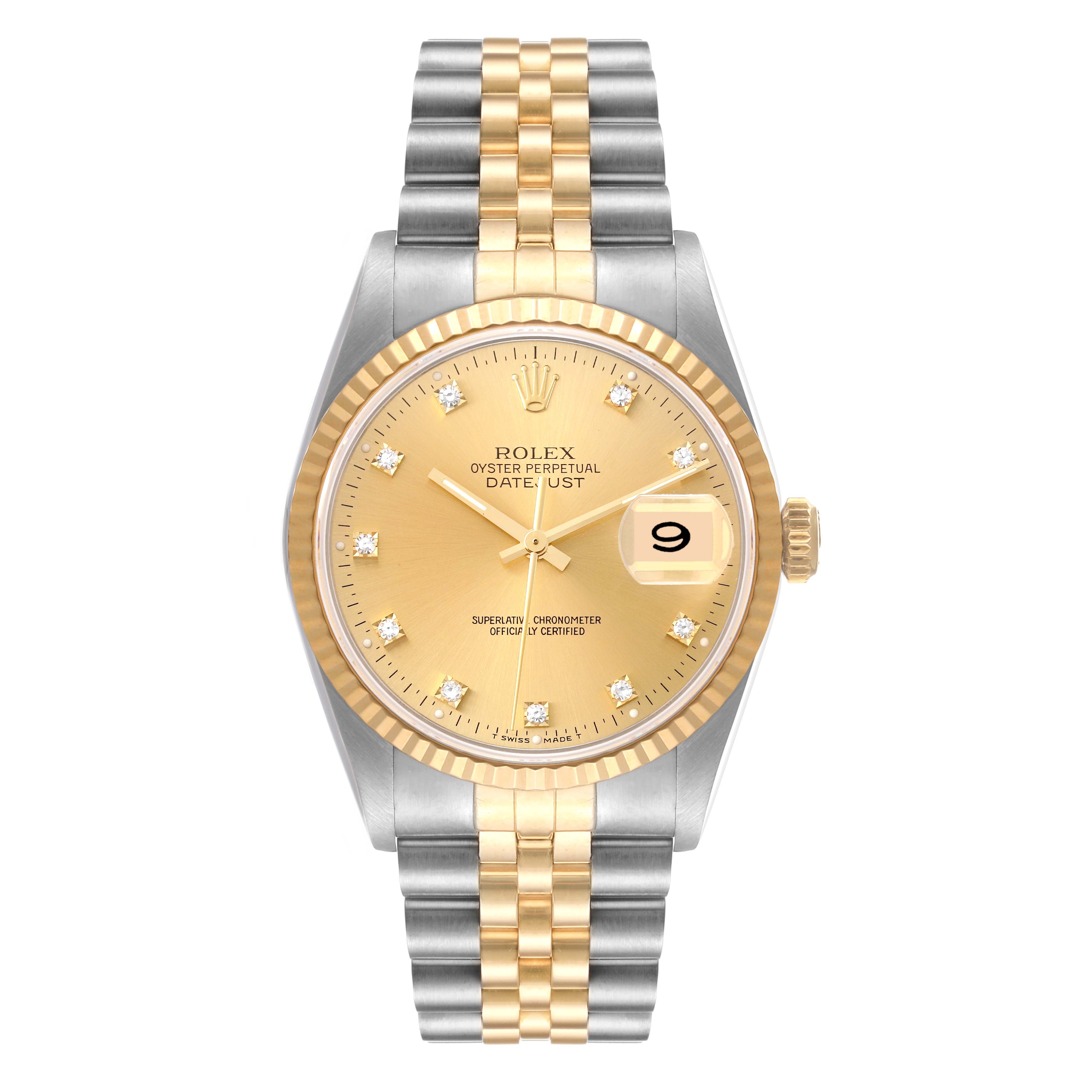 The image shows a Rolex Datejust 16233 Men's Steel and Gold (two tone) Champagne Dial 16233 Men's Steel and Gold (two tone) Champagne Dial watch from a front angle, highlighting its gold dial, fluted bezel, and two-tone Jubilee bracelet.