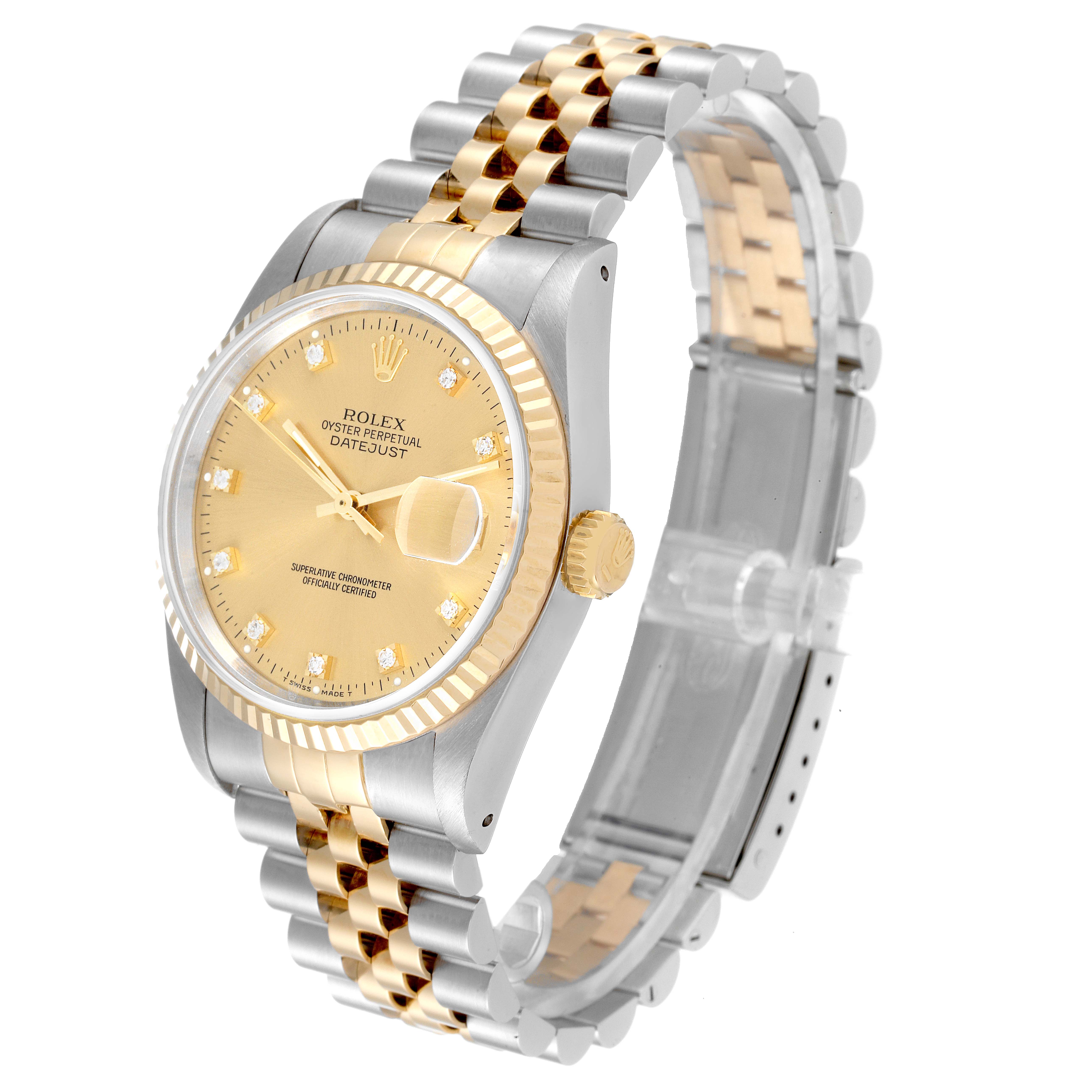 The Rolex Datejust 16233 Men's Steel and Gold (two tone) Champagne Dial 16233 Men's Steel and Gold (two tone) Champagne Dial watch is shown at a slight angle, highlighting the face, bezel, crown, and two-tone bracelet.