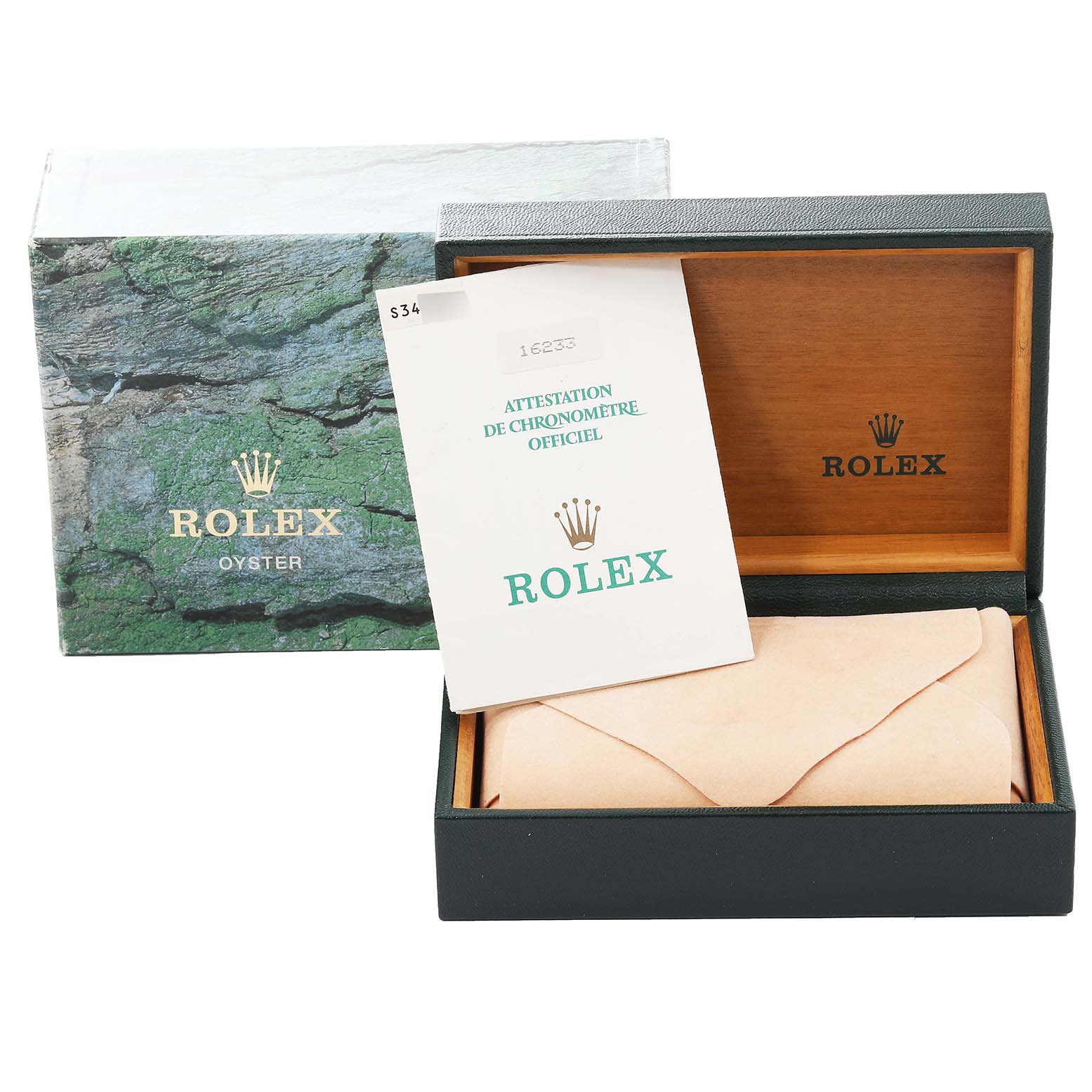 The image shows the packaging, warranty card, and inner box for the Rolex Datejust 16233 Men's Steel and Gold (two tone) Champagne Dial 16233 Men's Steel and Gold (two tone) Champagne Dial watch.