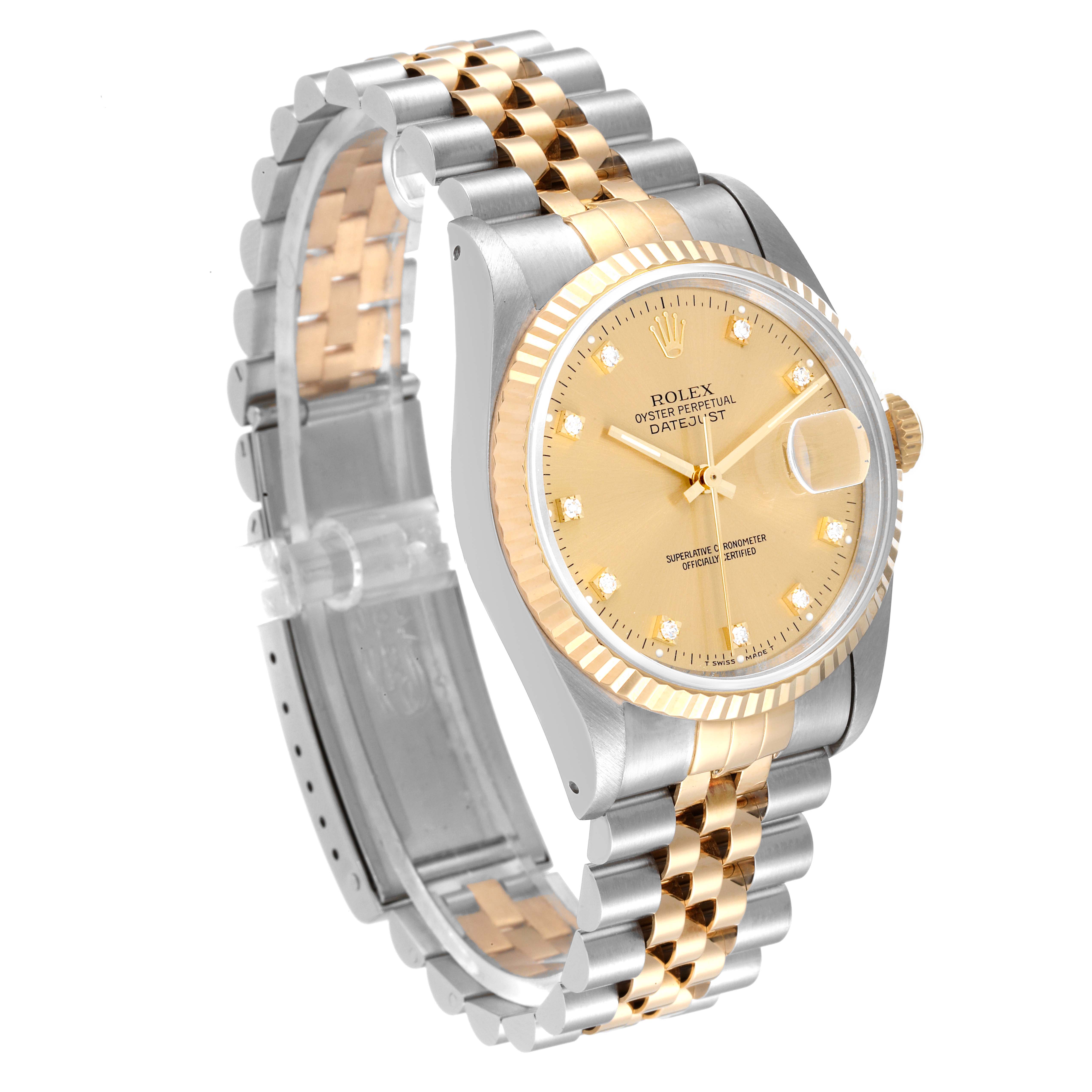 This Rolex Datejust 16233 Men's Steel and Gold (two tone) Champagne Dial 16233 Men's Steel and Gold (two tone) Champagne Dial watch is shown from a three-quarter angle, highlighting its gold dial, fluted bezel, and two-tone bracelet.