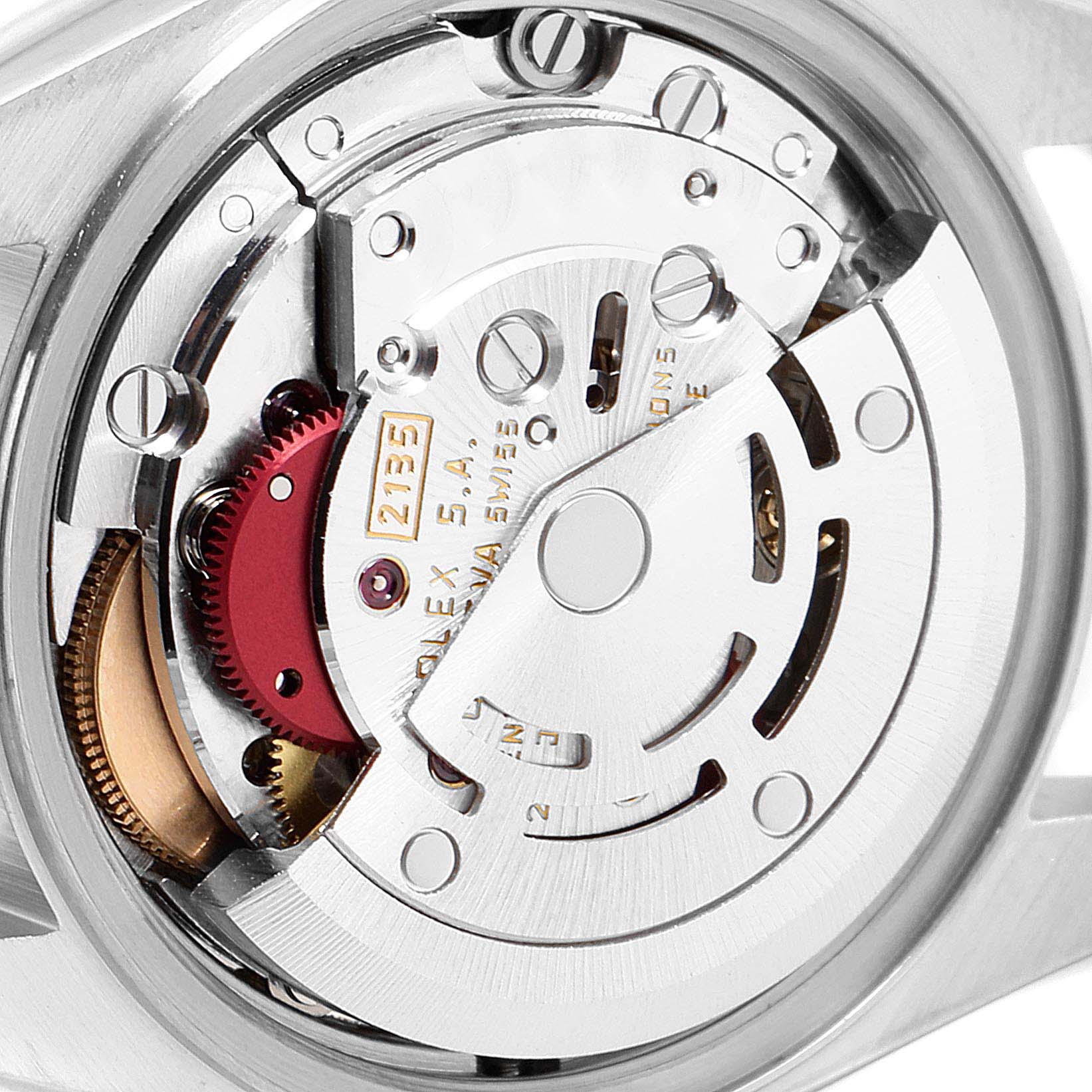 The image shows a detailed view of the movement inside a Rolex Datejust 69173 Women's Steel and Gold (two tone) Champagne Dial 69173 Women's Steel and Gold (two tone) Champagne Dial watch from the back.