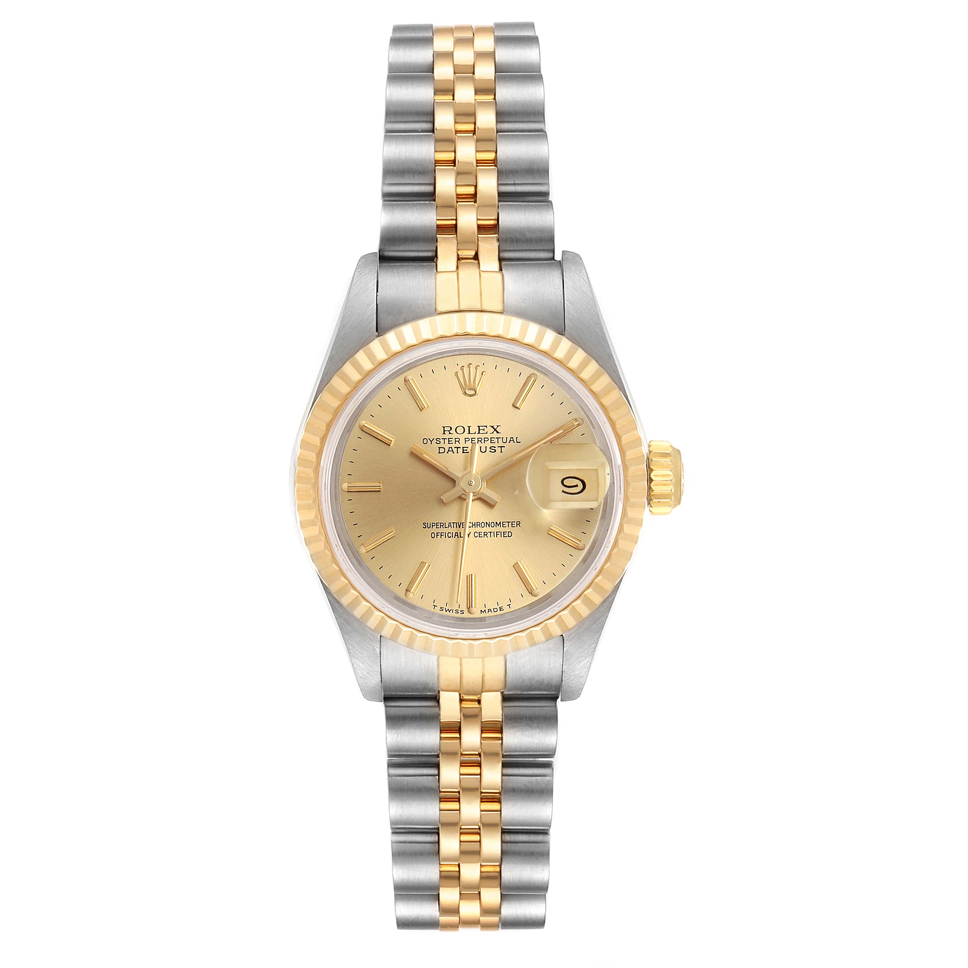The Rolex Datejust 69173 Women's Steel and Gold (two tone) Champagne Dial 69173 Women's Steel and Gold (two tone) Champagne Dial watch is shown from a top-down angle, displaying its two-tone bracelet, bezel, dial, and date window.