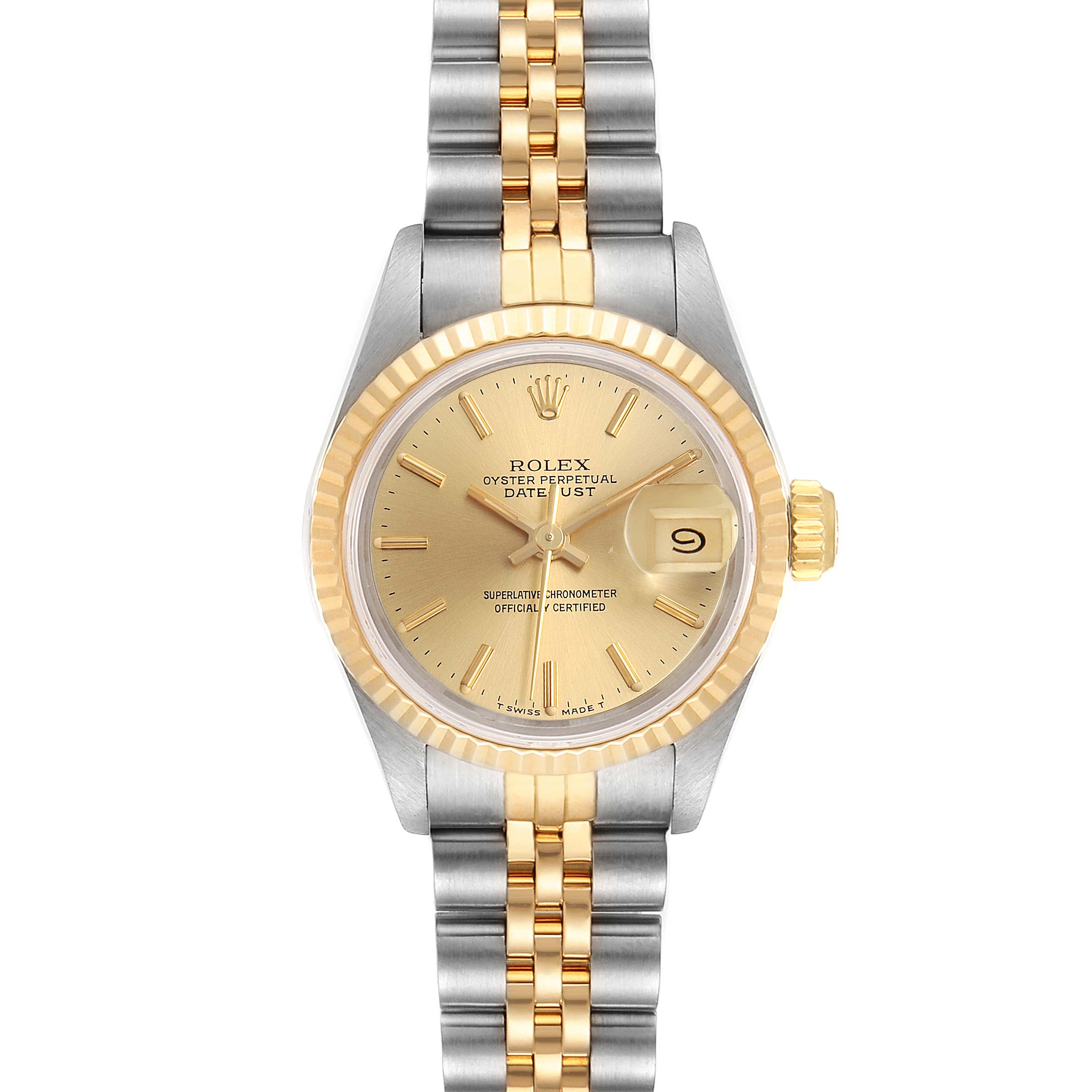 This image shows a front view of the Rolex Datejust 69173 Women's Steel and Gold (two tone) Champagne Dial 69173 Women's Steel and Gold (two tone) Champagne Dial watch, highlighting its face, bezel, and the two-tone bracelet.