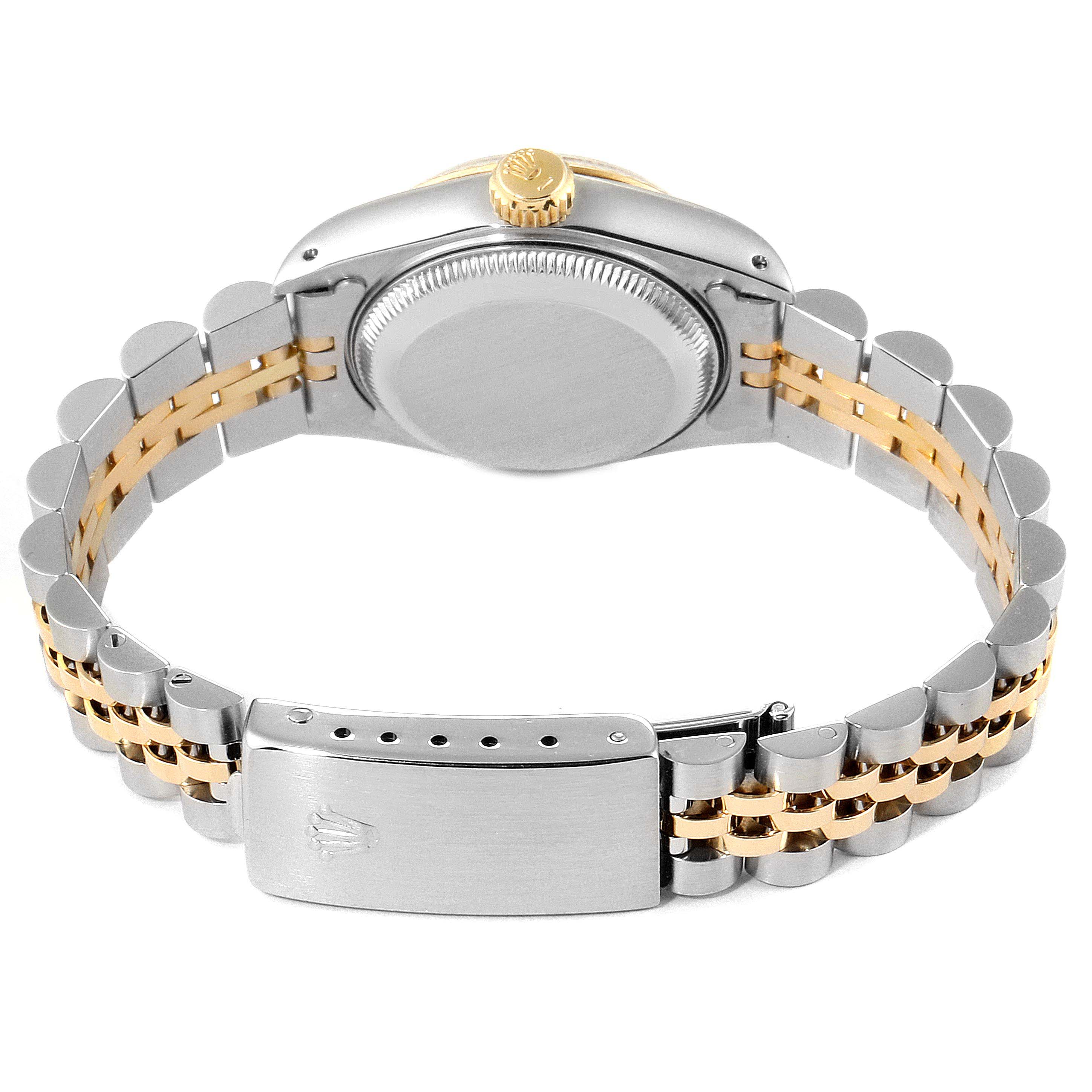 The image shows the rear view of a Rolex Datejust 69173 Women's Steel and Gold (two tone) Champagne Dial 69173 Women's Steel and Gold (two tone) Champagne Dial watch, highlighting the case back and the two-tone bracelet with clasp.