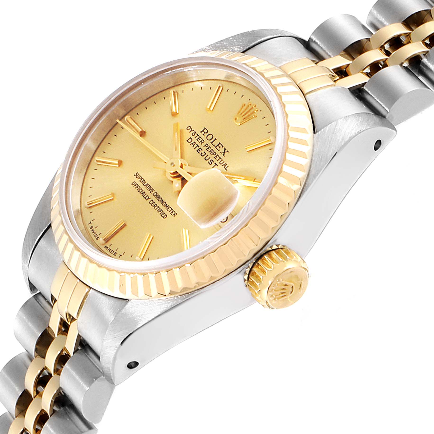 The image shows a side angle of the Rolex Datejust 69173 Women's Steel and Gold (two tone) Champagne Dial 69173 Women's Steel and Gold (two tone) Champagne Dial, focusing on the gold crown, bezel, and part of the bracelet.
