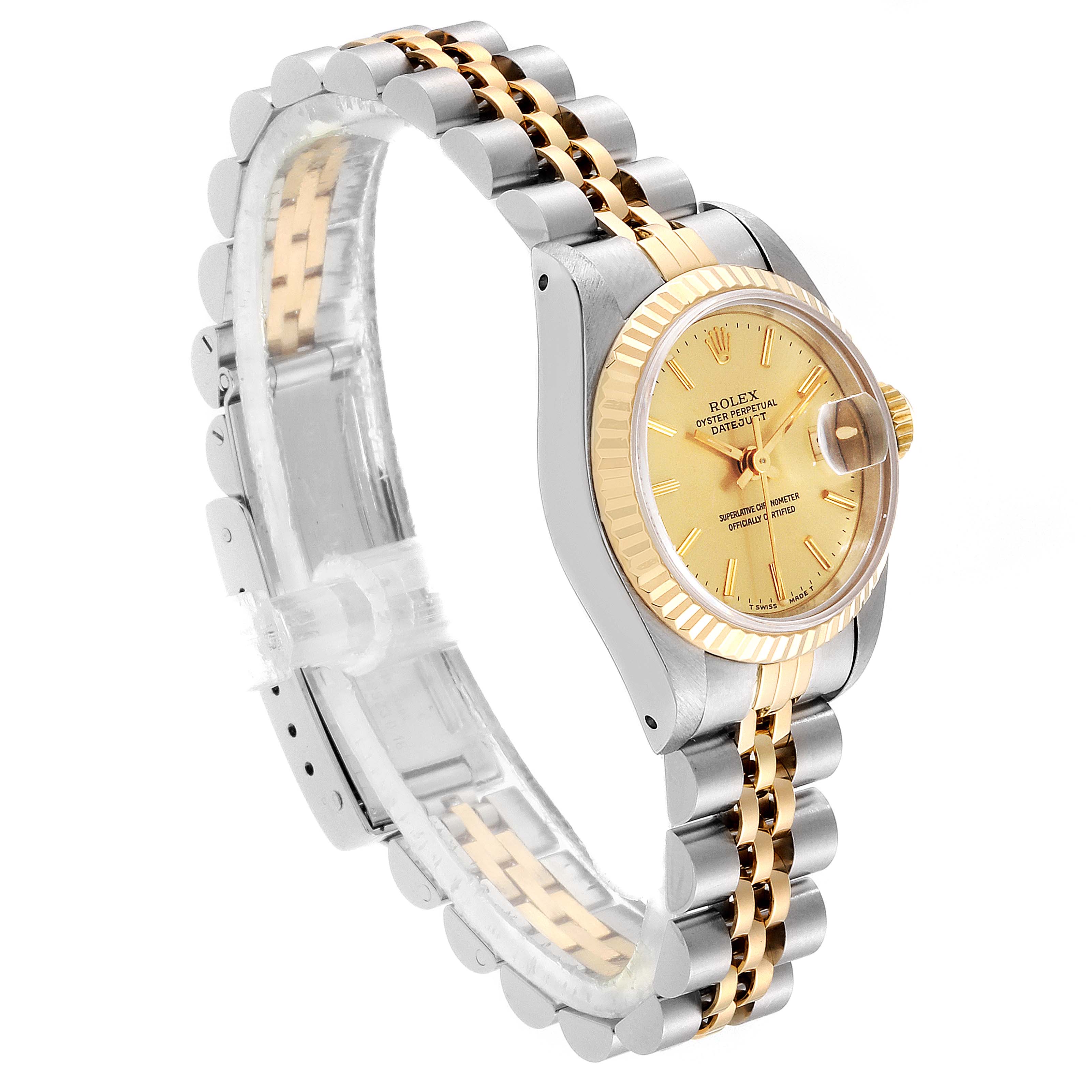 The image shows a Rolex Datejust 69173 Women's Steel and Gold (two tone) Champagne Dial 69173 Women's Steel and Gold (two tone) Champagne Dial watch at a 3/4 angle, highlighting the champagne dial, fluted bezel, and two-tone Jubilee bracelet.