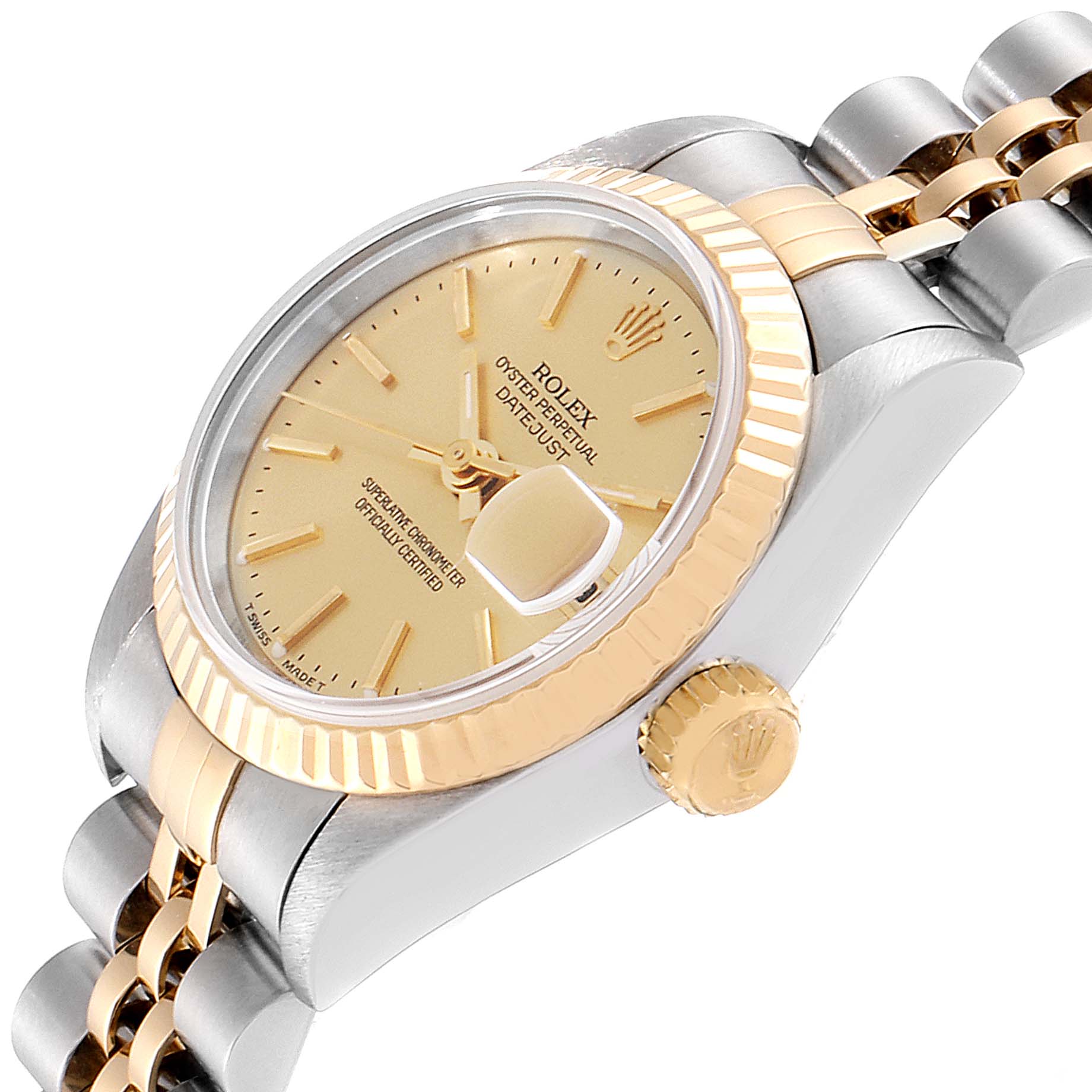 The image shows a side angle of the Rolex Datejust 69173 Women's Steel and Gold (two tone) Champagne Dial 69173 Women's Steel and Gold (two tone) Champagne Dial, highlighting its bezel, crown, dial, and part of the jubilee bracelet.