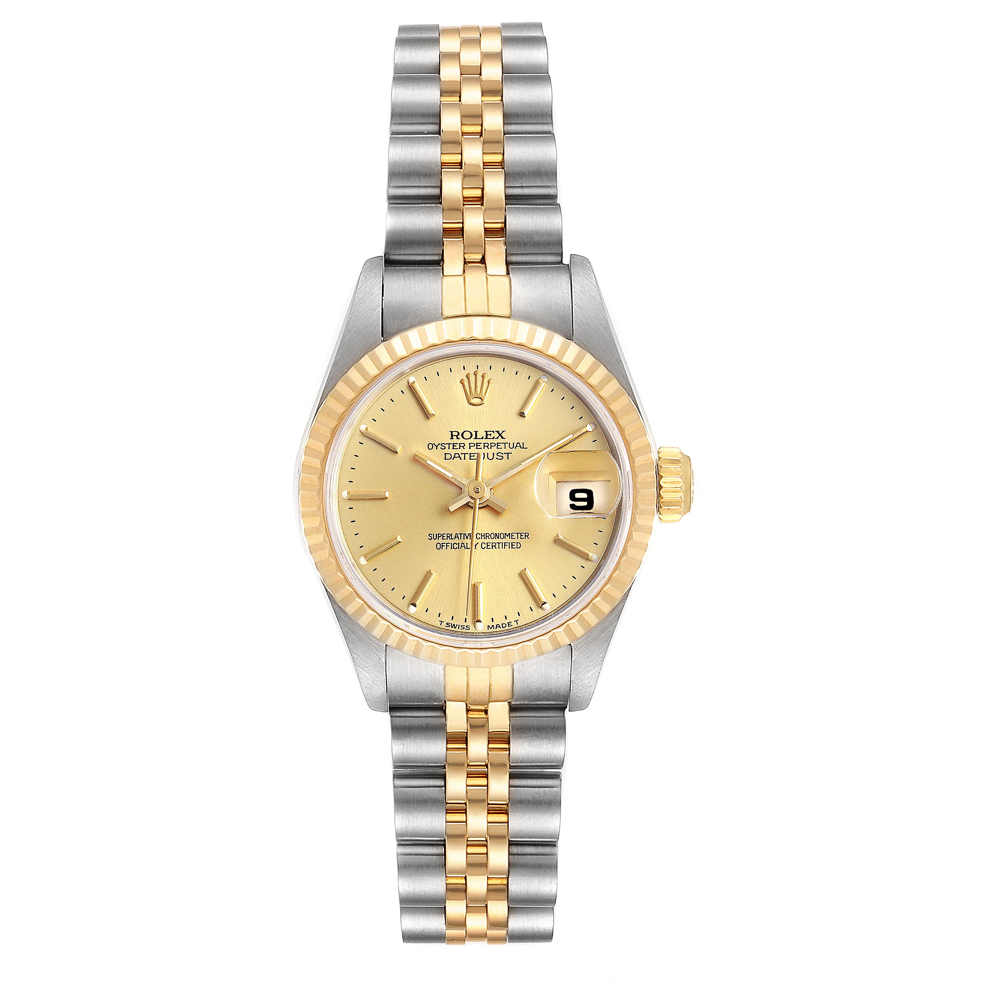 This is a front view of the Rolex Datejust 69173 Women's Steel and Gold (two tone) Champagne Dial 69173 Women's Steel and Gold (two tone) Champagne Dial watch, showcasing its gold and silver bracelet, fluted bezel, and date display.