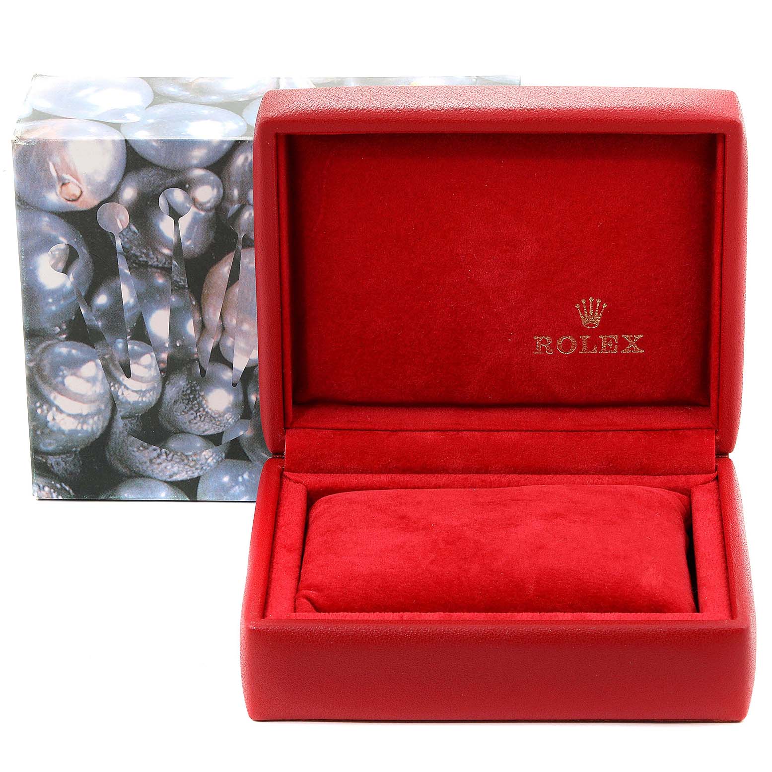 The image shows an open Rolex Datejust 69173 Women's Steel and Gold (two tone) Champagne Dial 69173 Women's Steel and Gold (two tone) Champagne Dial watch box from the front angle, with a red interior and the logo.