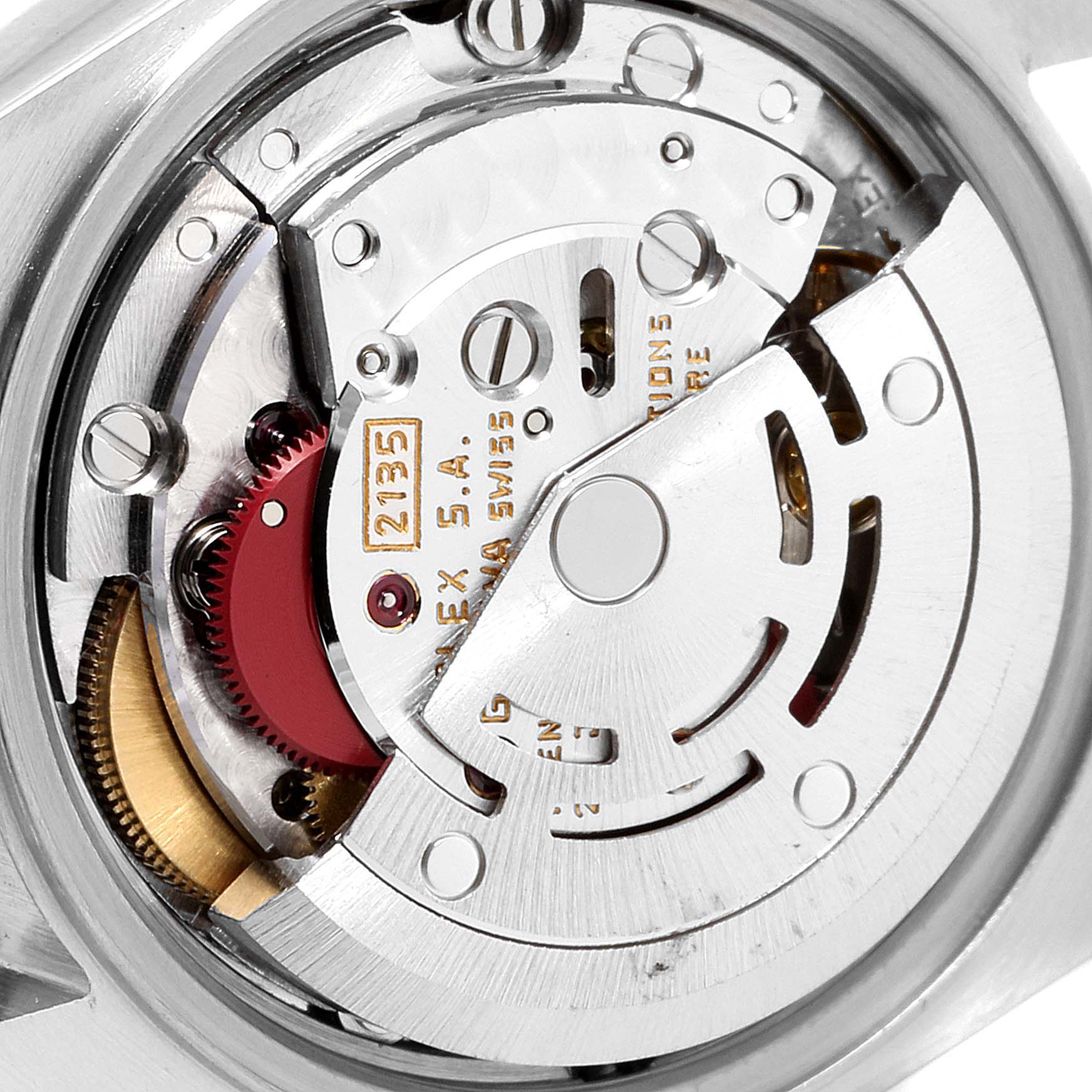 This image shows the internal movement mechanism of a Rolex Datejust 69173 Women's Steel and Gold (two tone) Champagne Dial 69173 Women's Steel and Gold (two tone) Champagne Dial watch at a close-up angle.