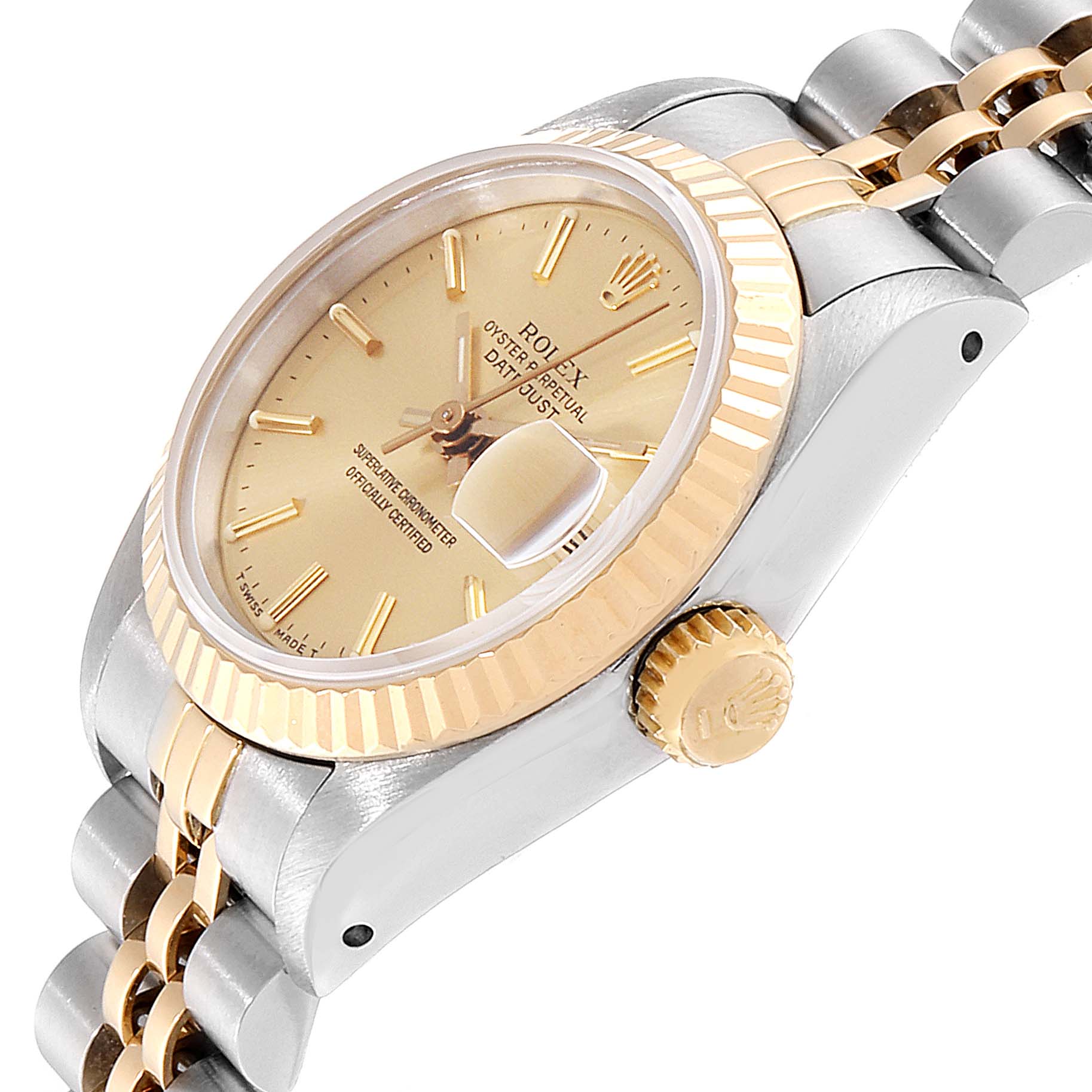 This Rolex Datejust 69173 Women's Steel and Gold (two tone) Champagne Dial 69173 Women's Steel and Gold (two tone) Champagne Dial watch is shown from a side angle highlighting the crown and partial bracelet.