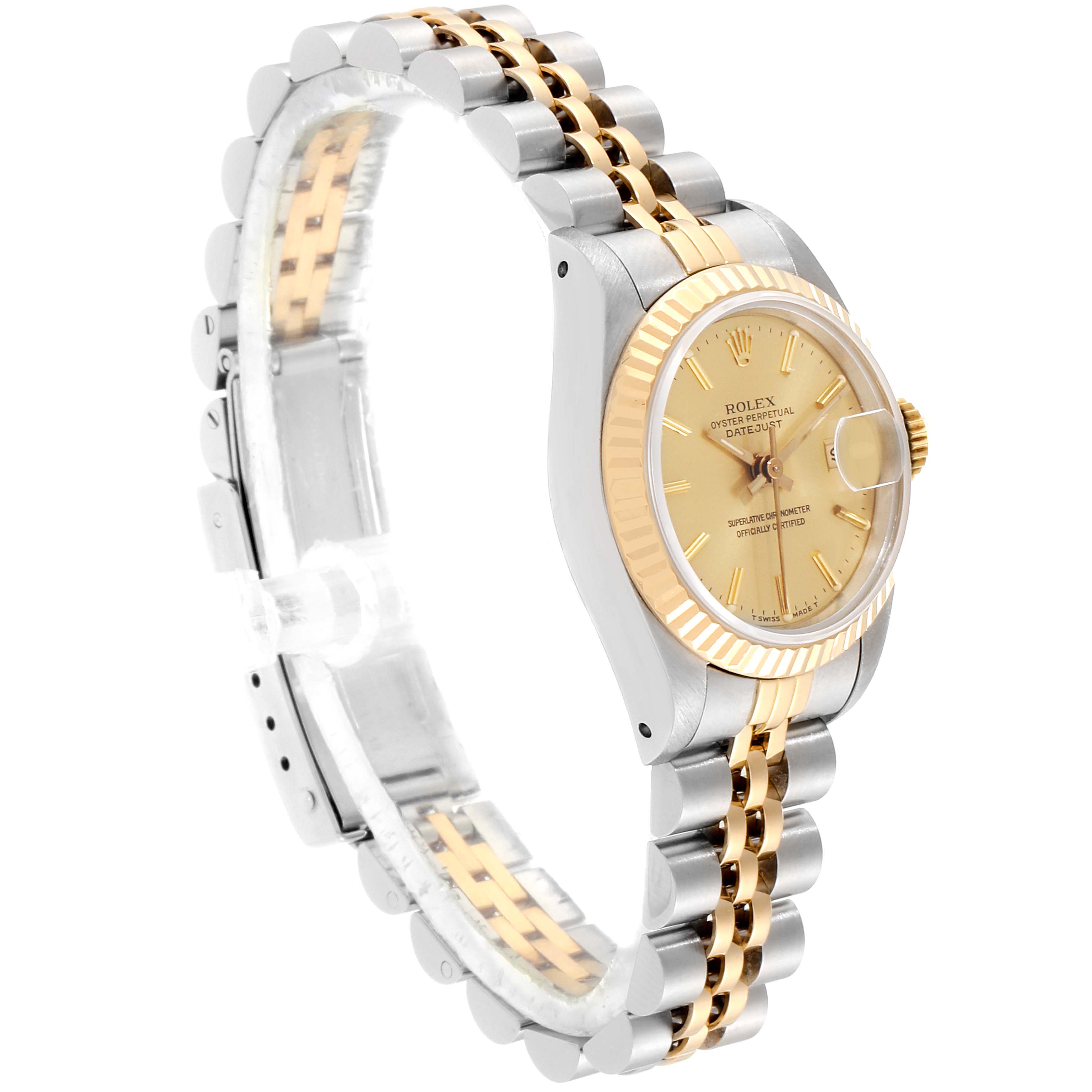 The image shows a Rolex Datejust 69173 Women's Steel and Gold (two tone) Champagne Dial 69173 Women's Steel and Gold (two tone) Champagne Dial watch at an angle displaying the dial, fluted bezel, and two-tone bracelet.