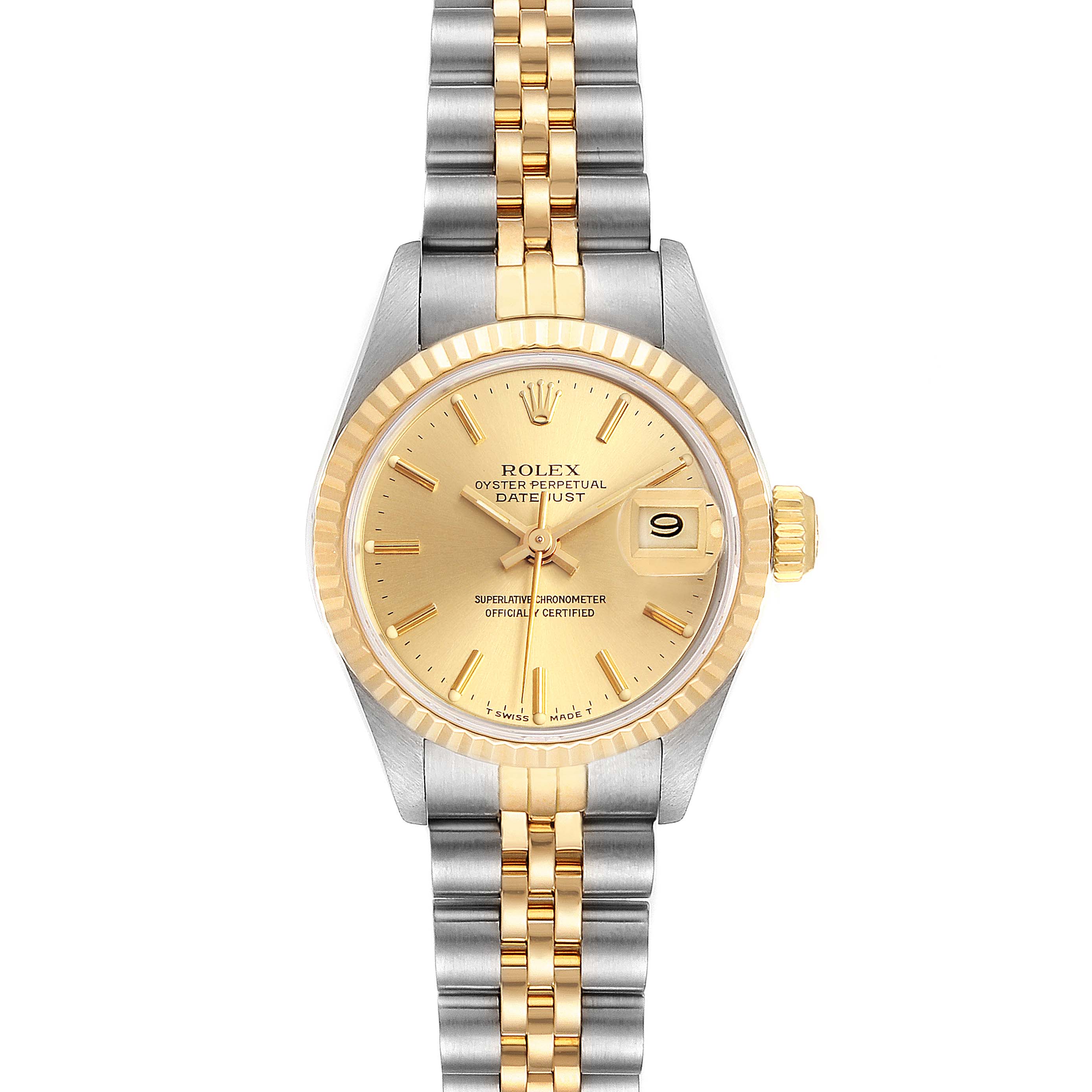 This image shows the front view of a Rolex Datejust 69173 Women's Steel and Gold (two tone) Champagne Dial 69173 Women's Steel and Gold (two tone) Champagne Dial watch, highlighting its gold dial, two-tone bracelet, and date window.